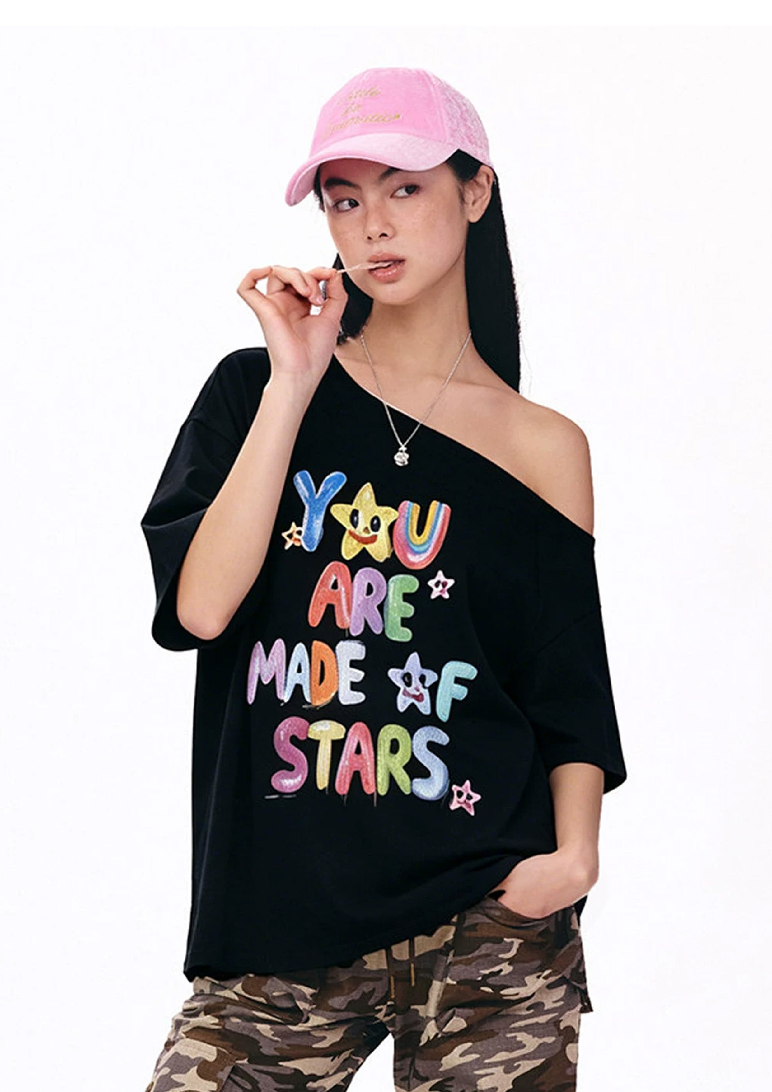 Typography one-shoulder oversized tee - black
