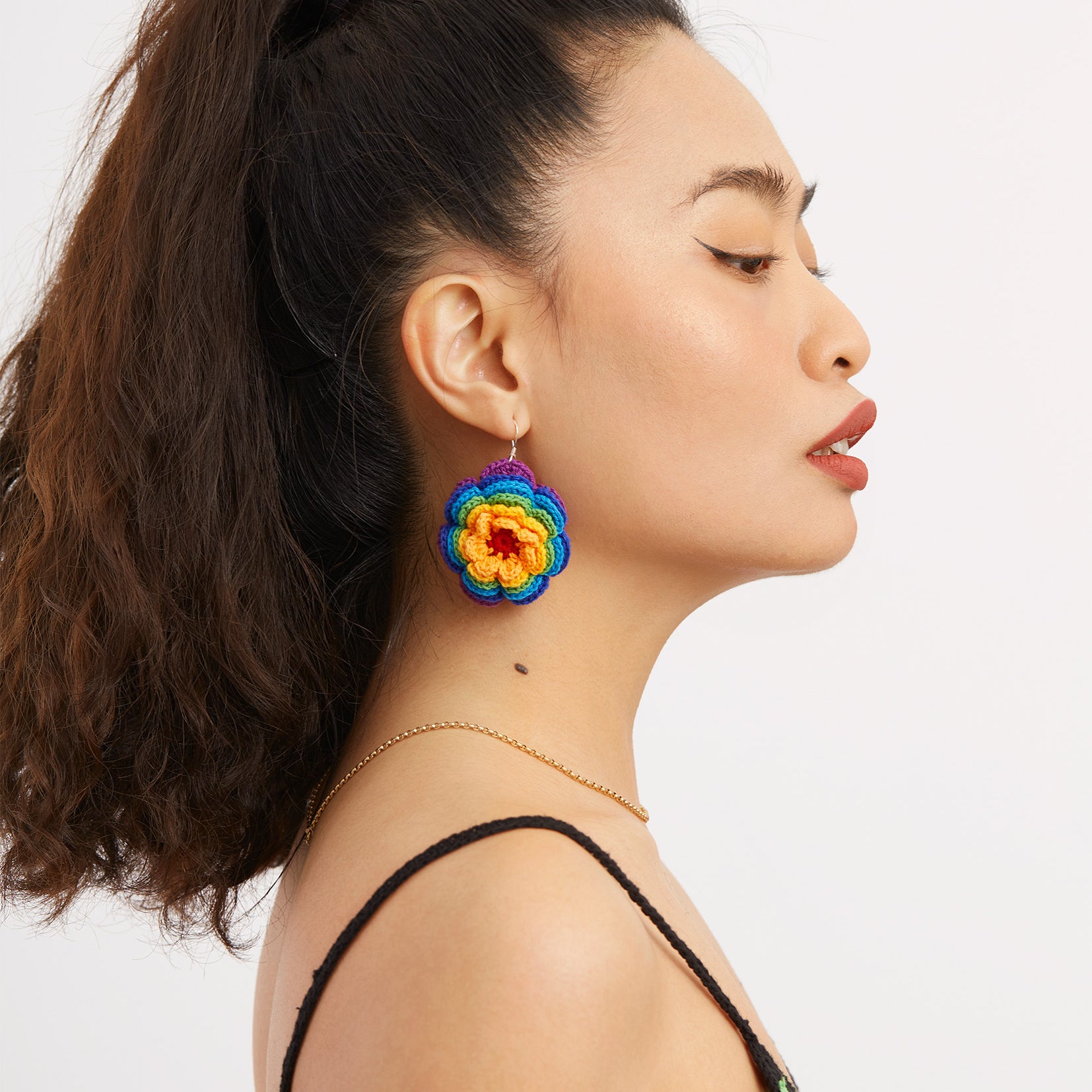 Rainbow flower crochet earrings