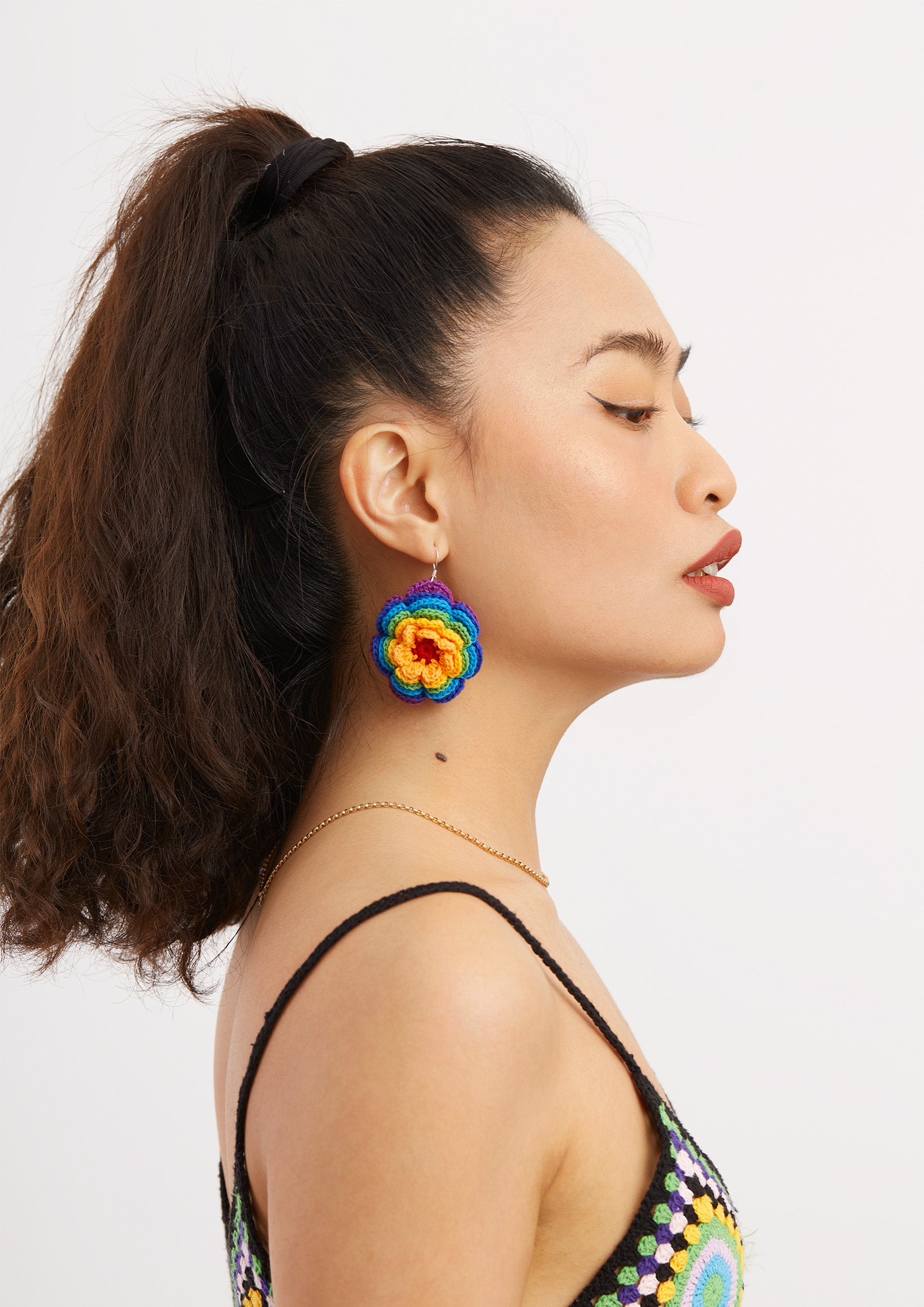 Rainbow flower crochet earrings