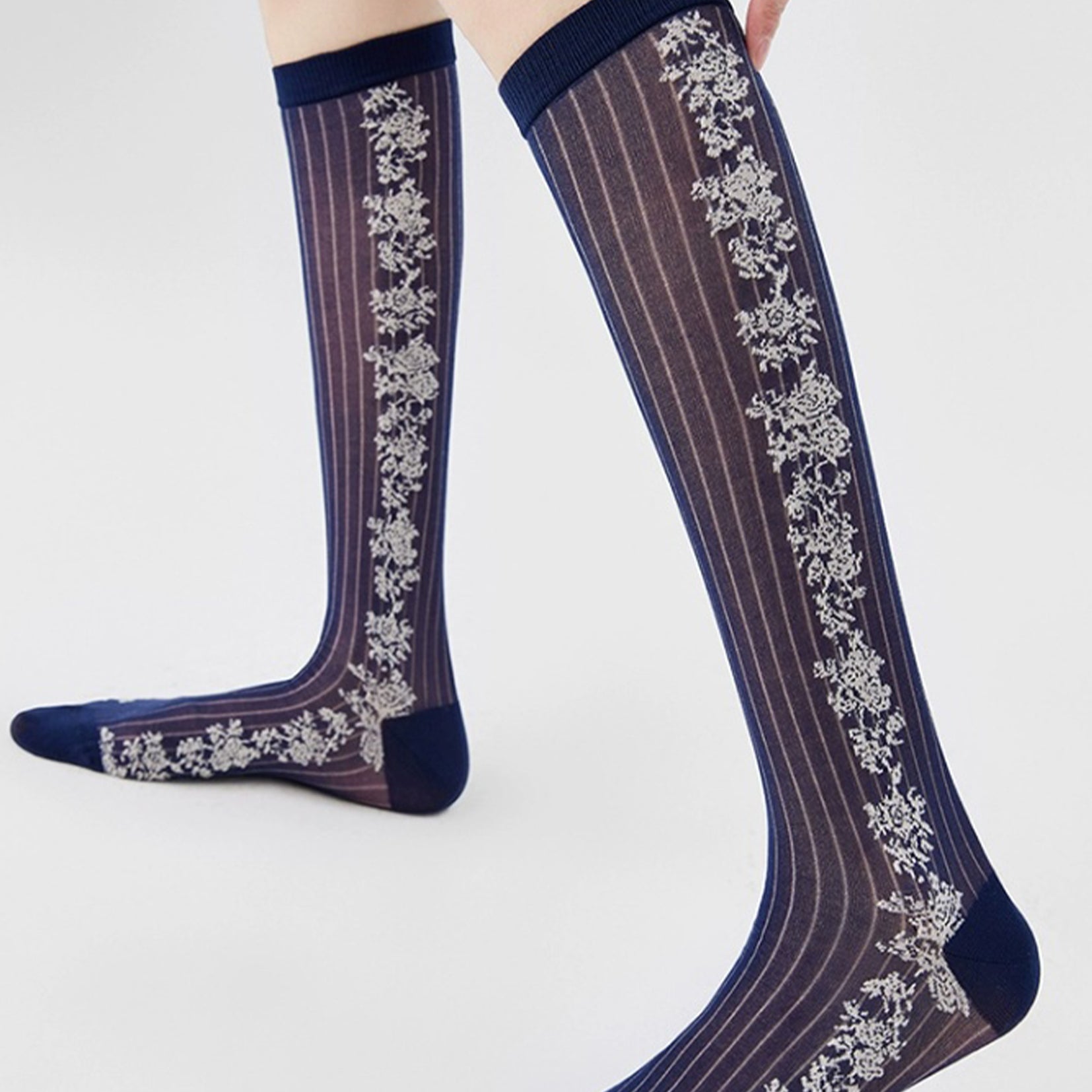 Floral jacquard sheer over-the-calf sock - navy