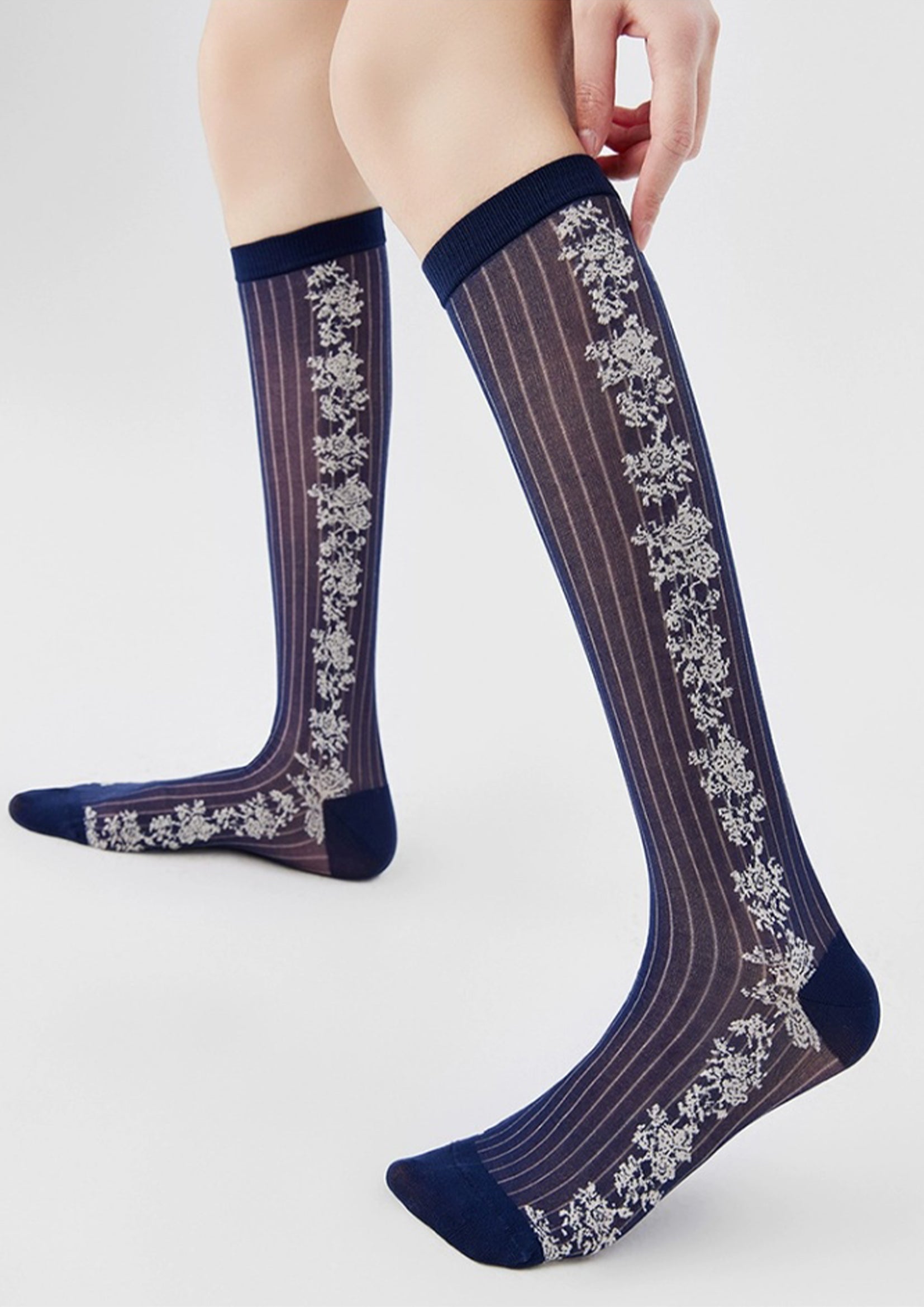 Floral jacquard sheer over-the-calf sock - navy