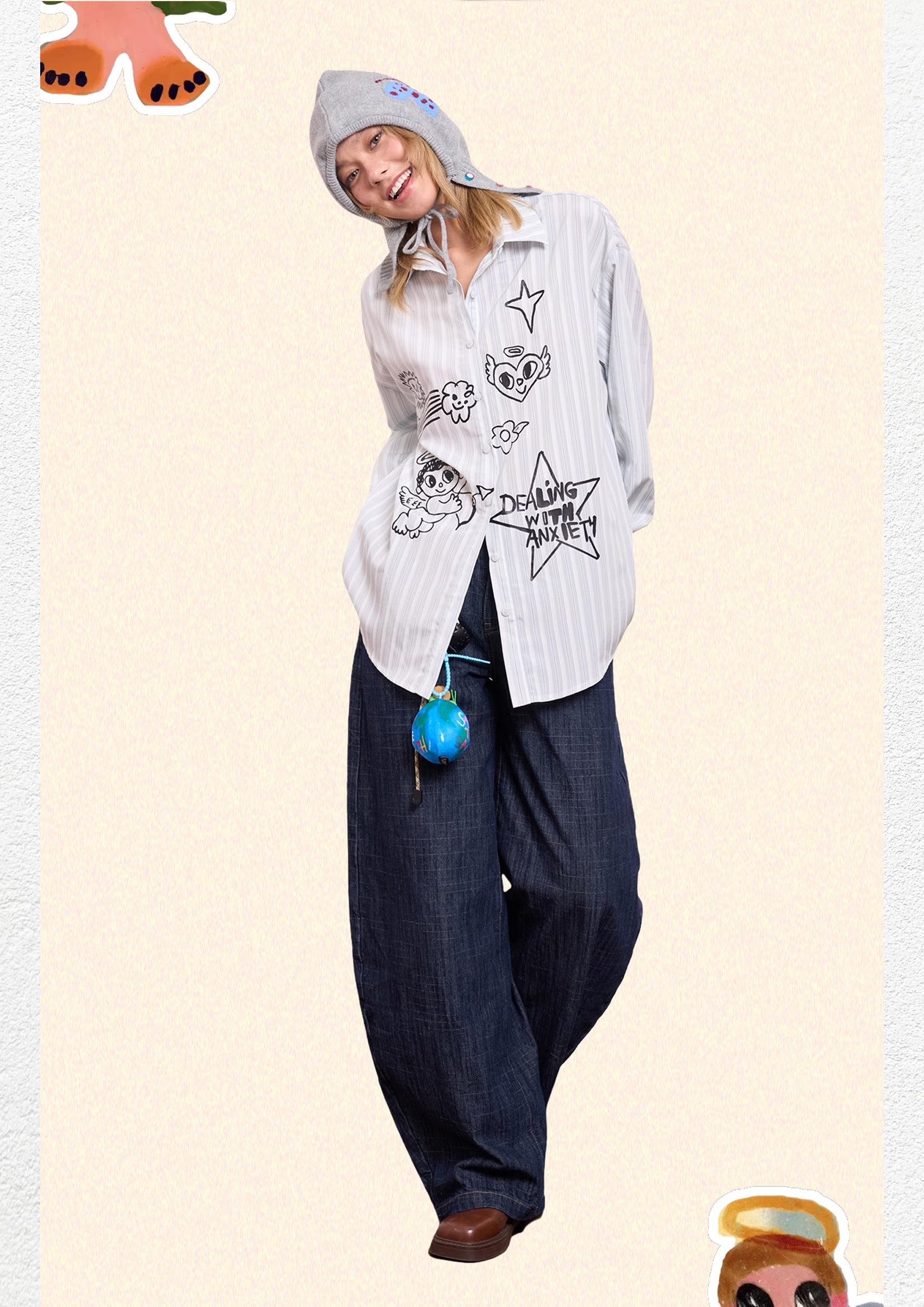 *SAMPLE* Illustration striped oversized shirt - light gray