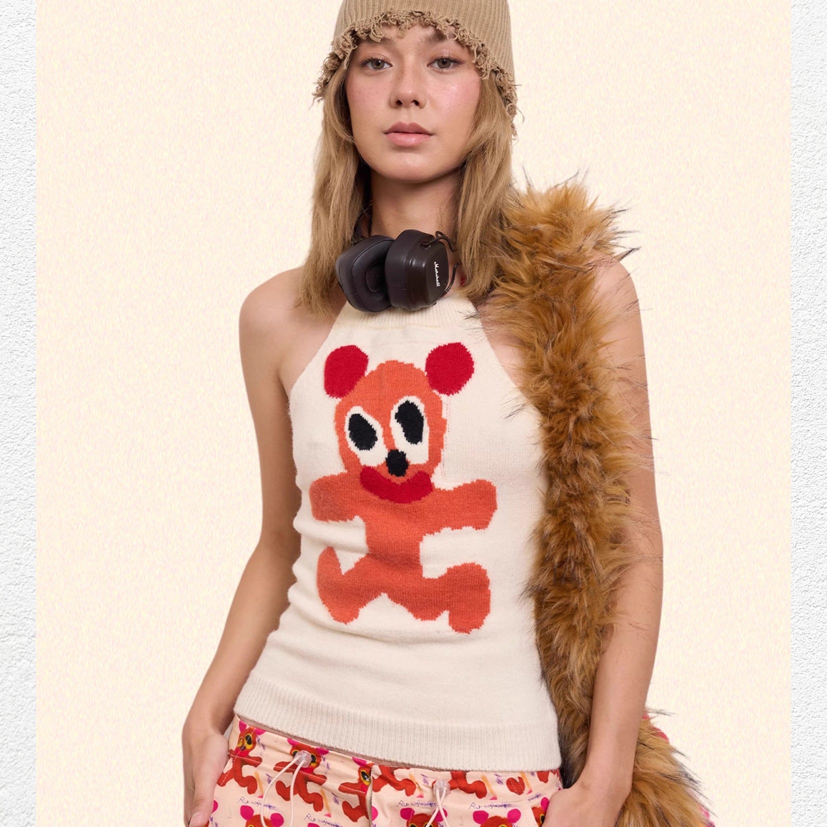 Orange bear knit halter top - off-white