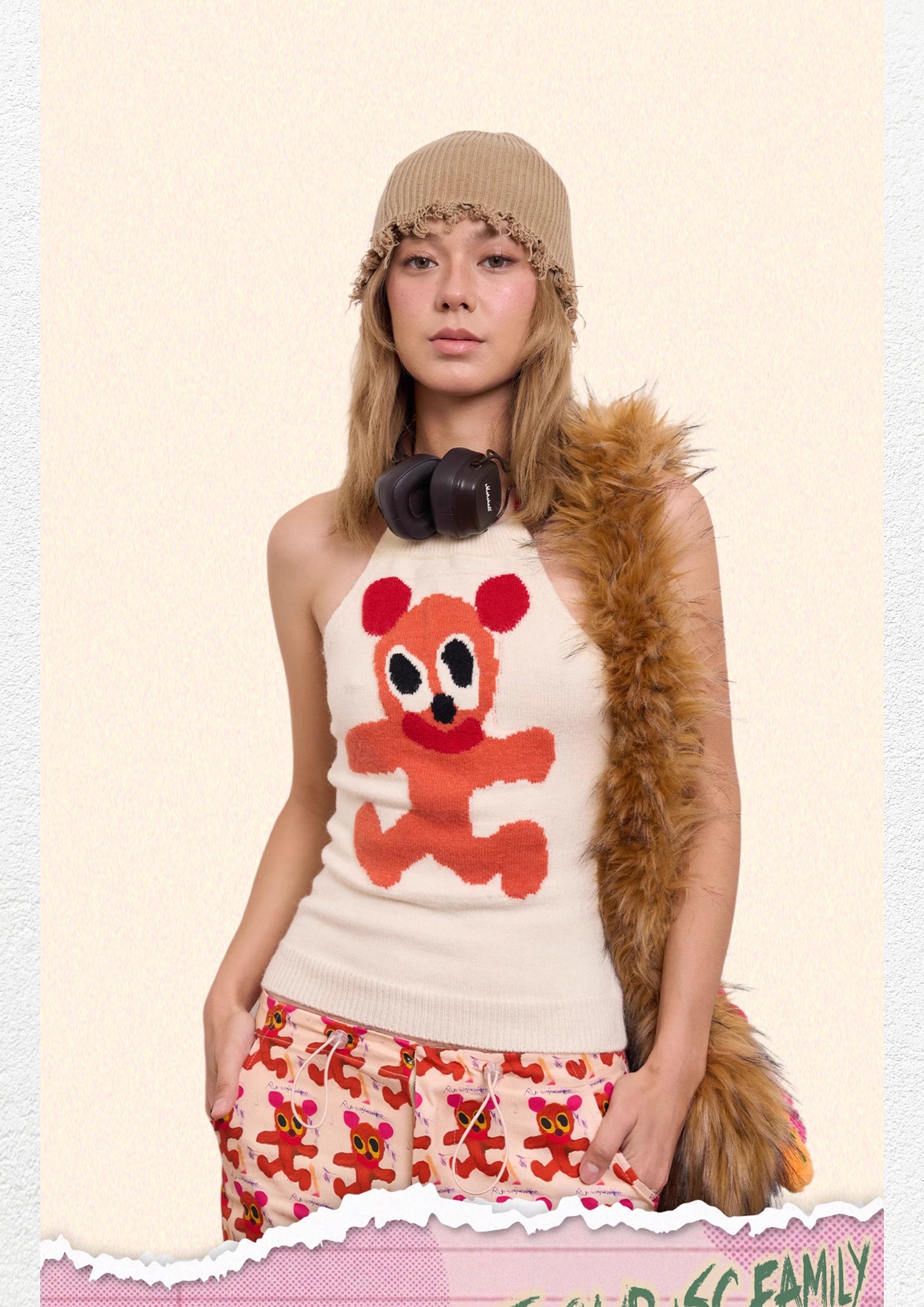 Orange bear knit halter top - off-white