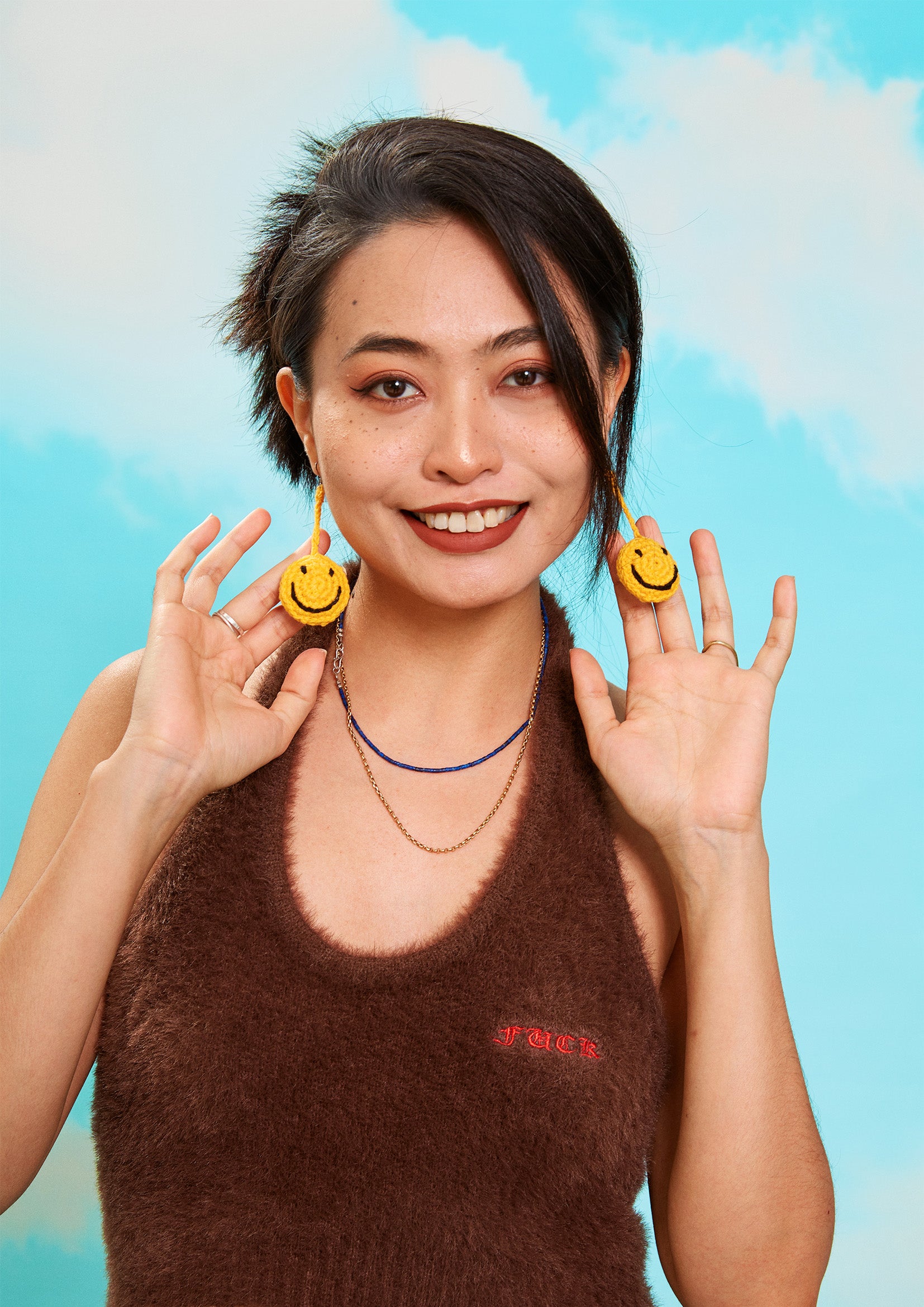 Smiley crochet earrings - yellow