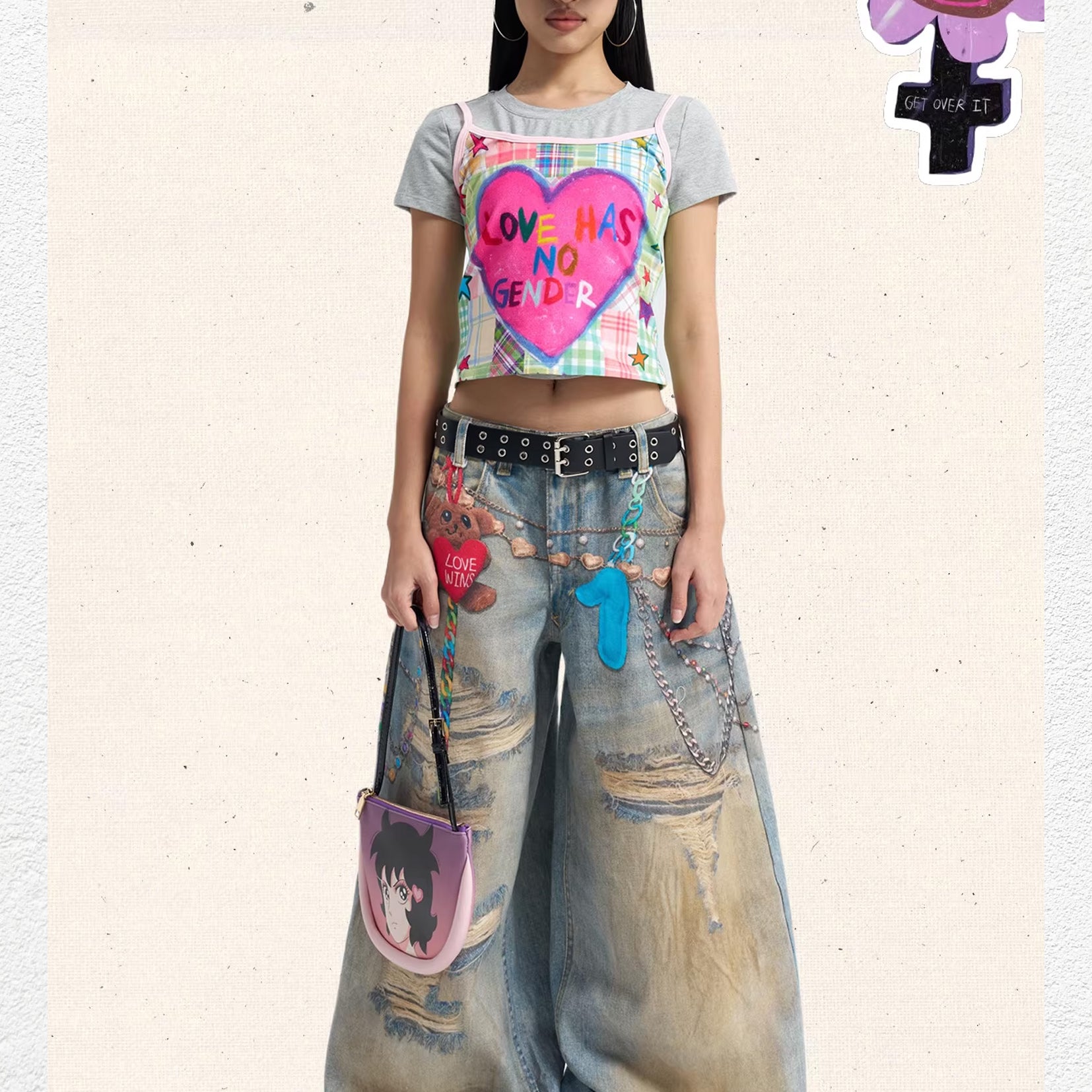 Love bear print baggy barrel jeans - dusty washed blue