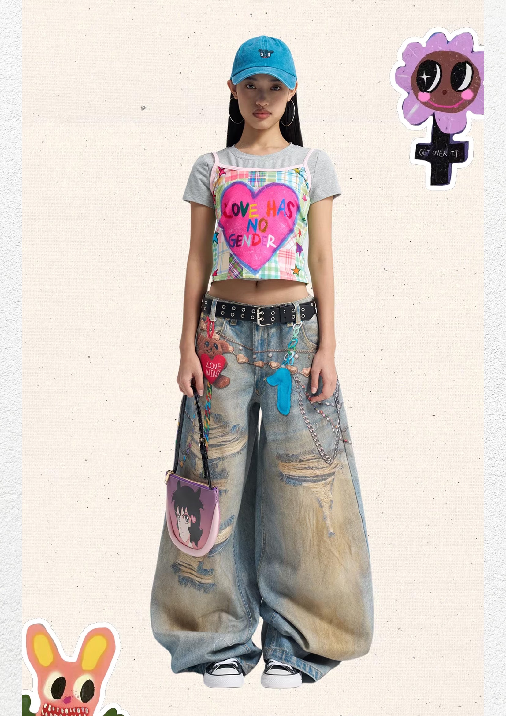 Love bear print baggy barrel jeans - dusty washed blue