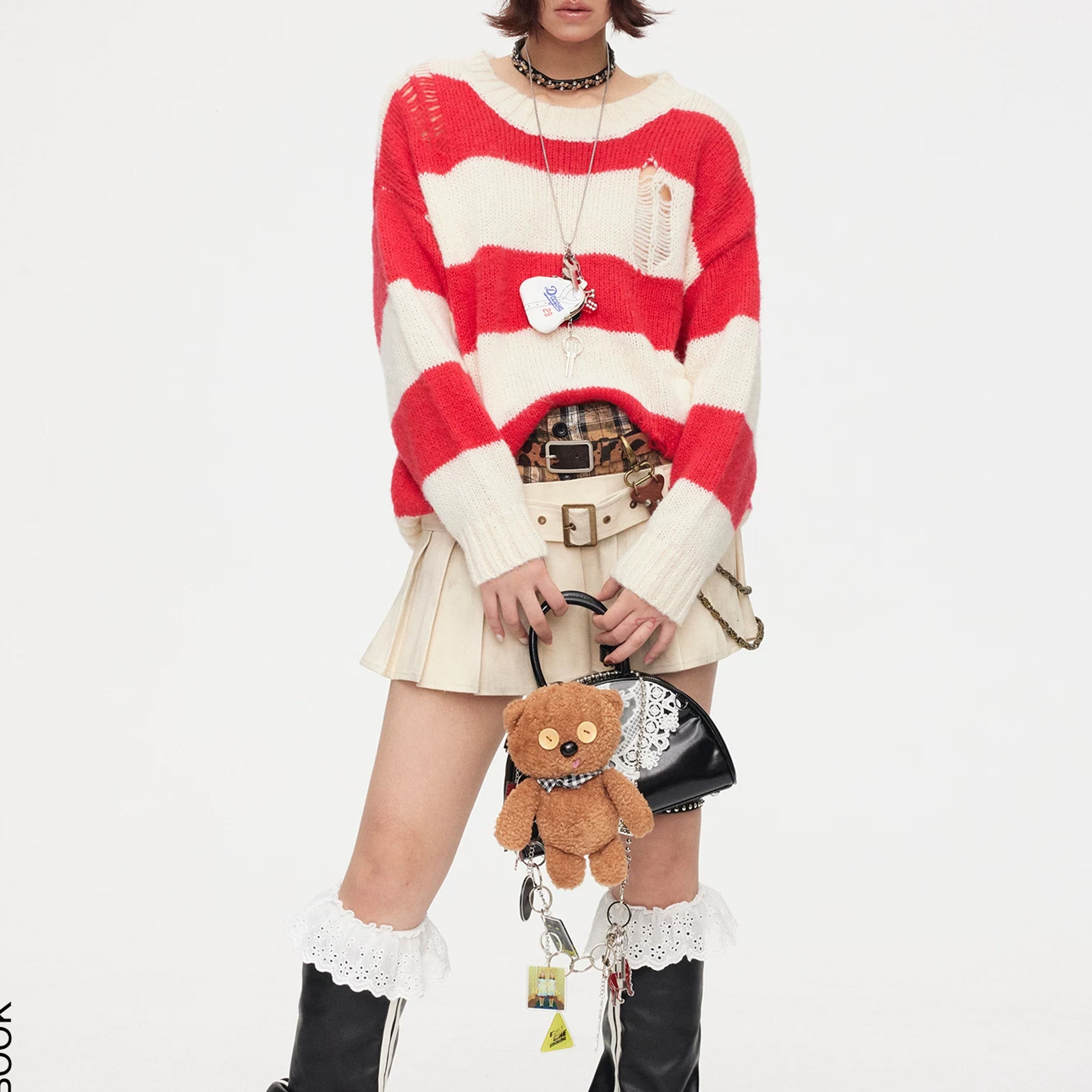 Striped distressed knit jumper - red & white