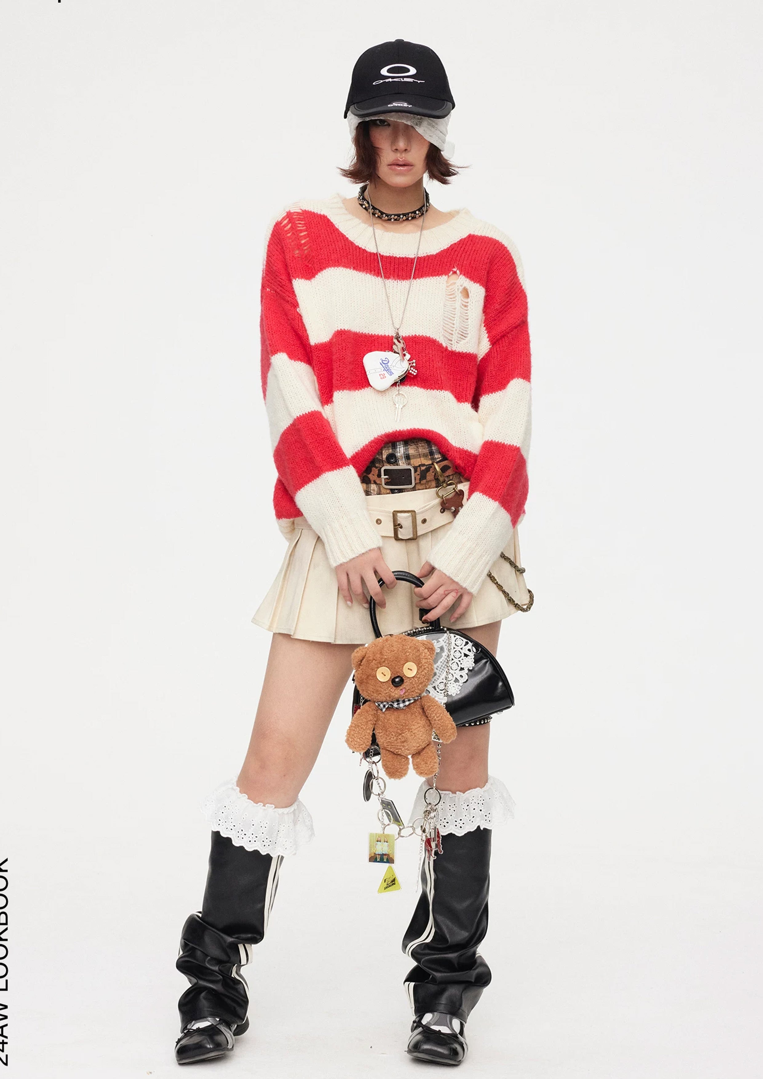 Striped distressed knit jumper - red & white