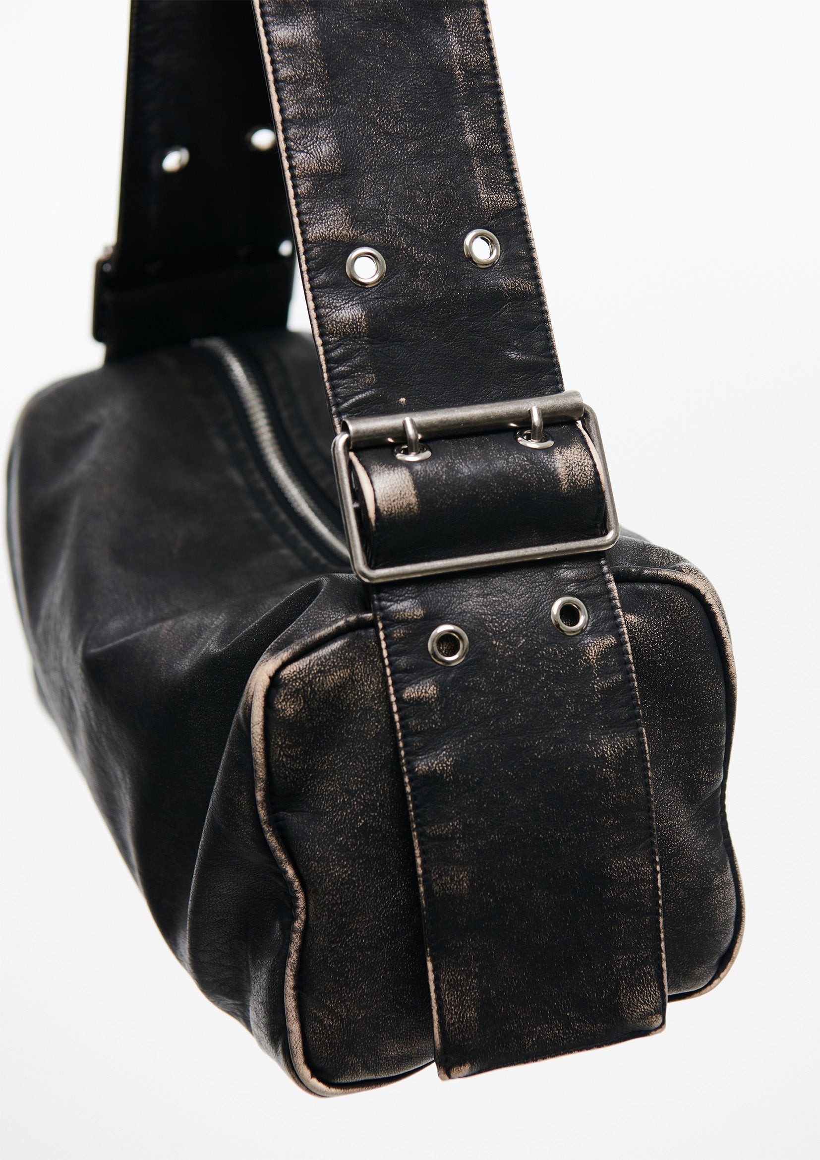 Distressed vegan leather shoulder mini duffle bag - black