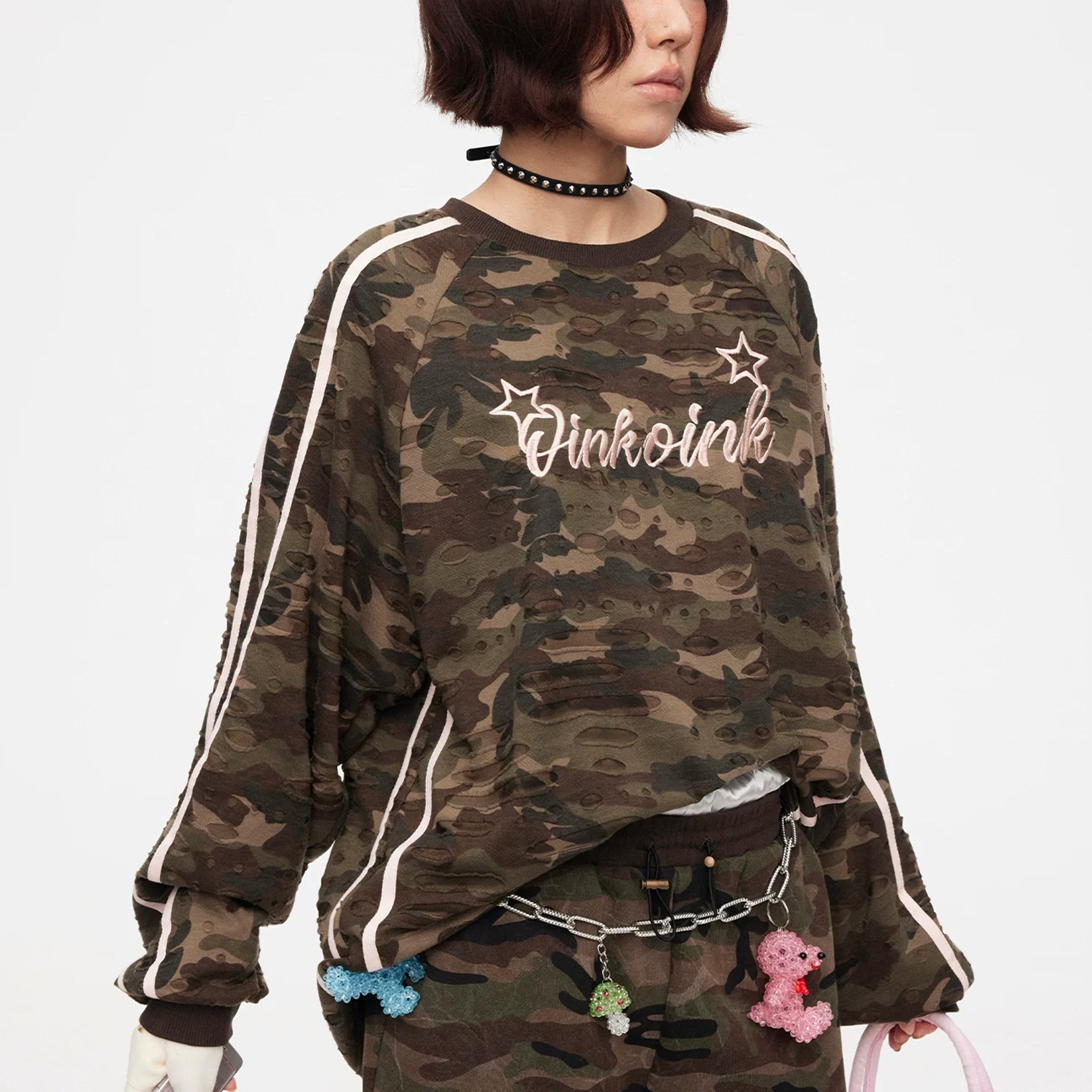 Camouflage distressed baseball jumper - army green
