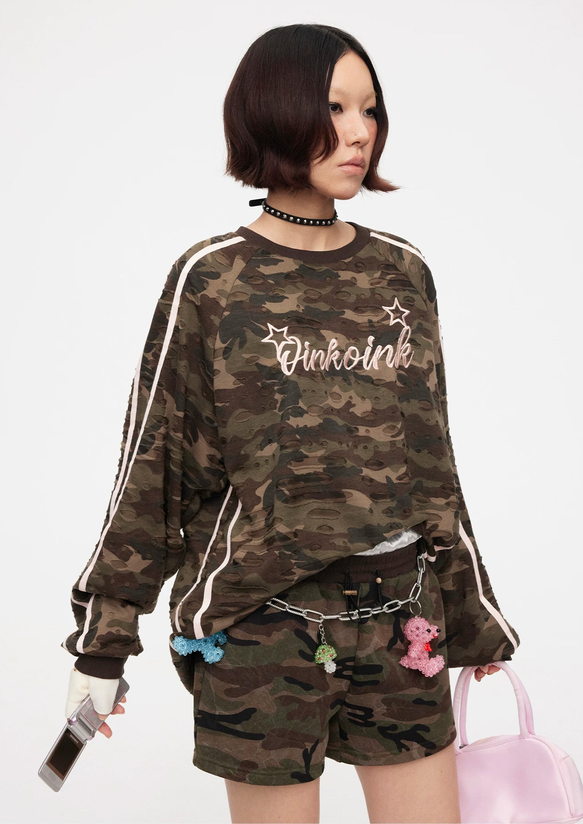 Camouflage distressed baseball jumper - army green