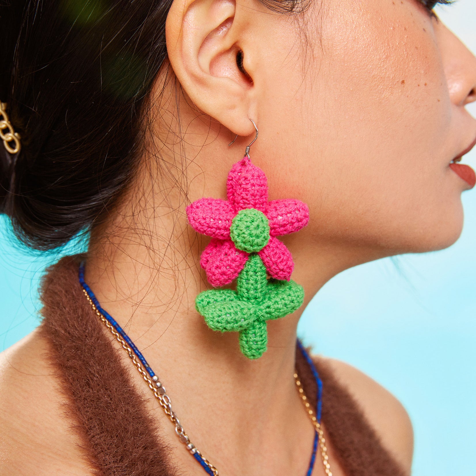 Flower balloon crochet earrings - pink & green