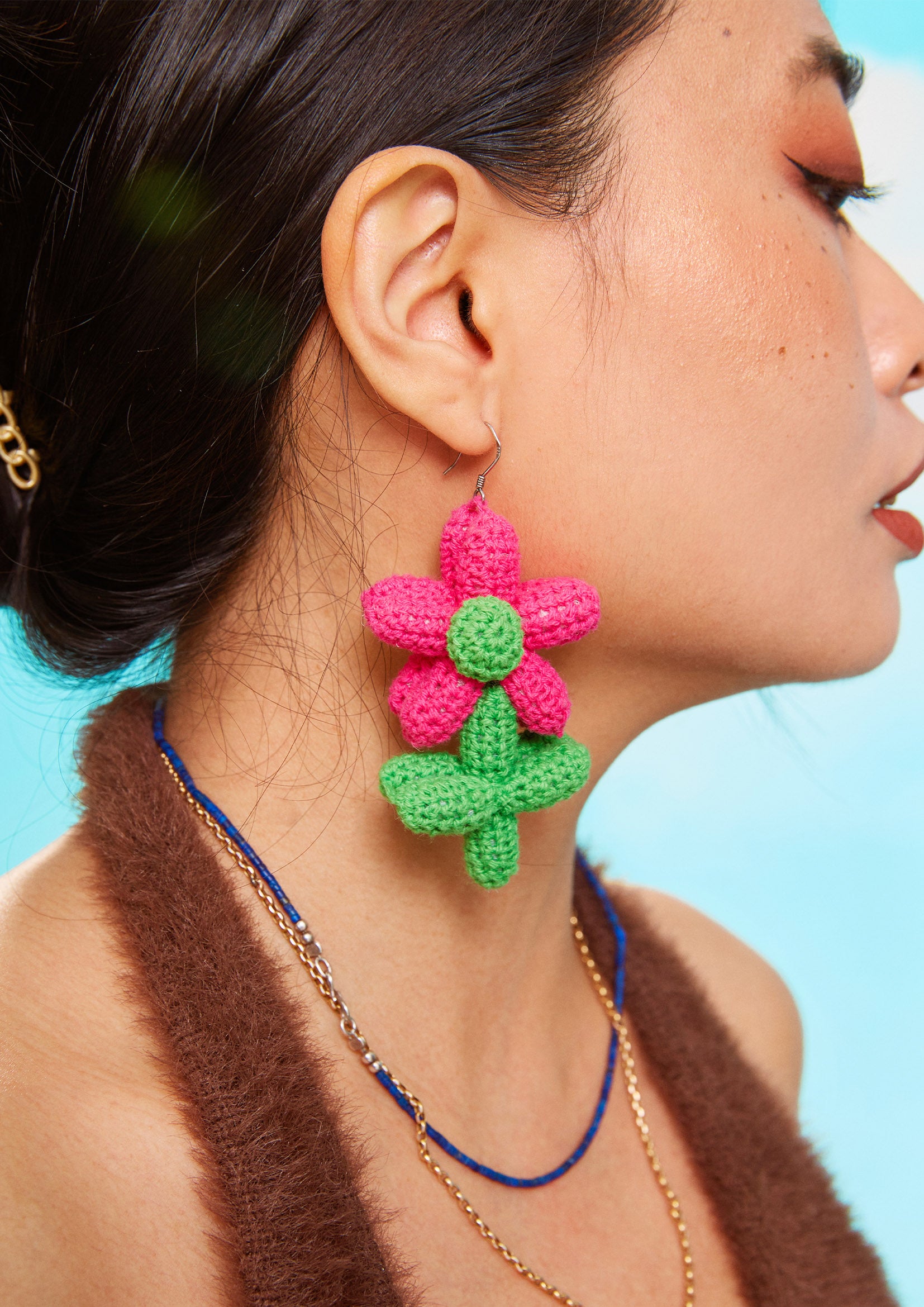 Flower balloon crochet earrings - pink & green