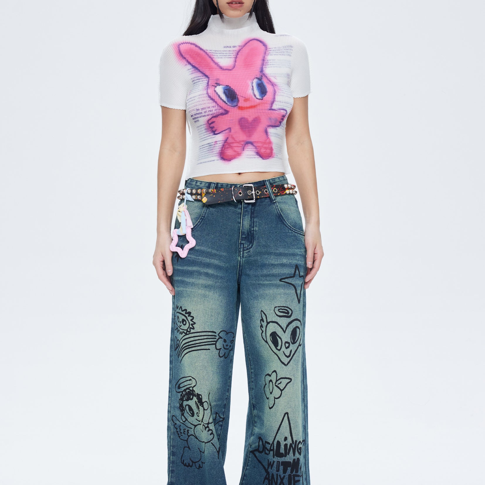 Pink bunny crinkle stretch crop tee - white