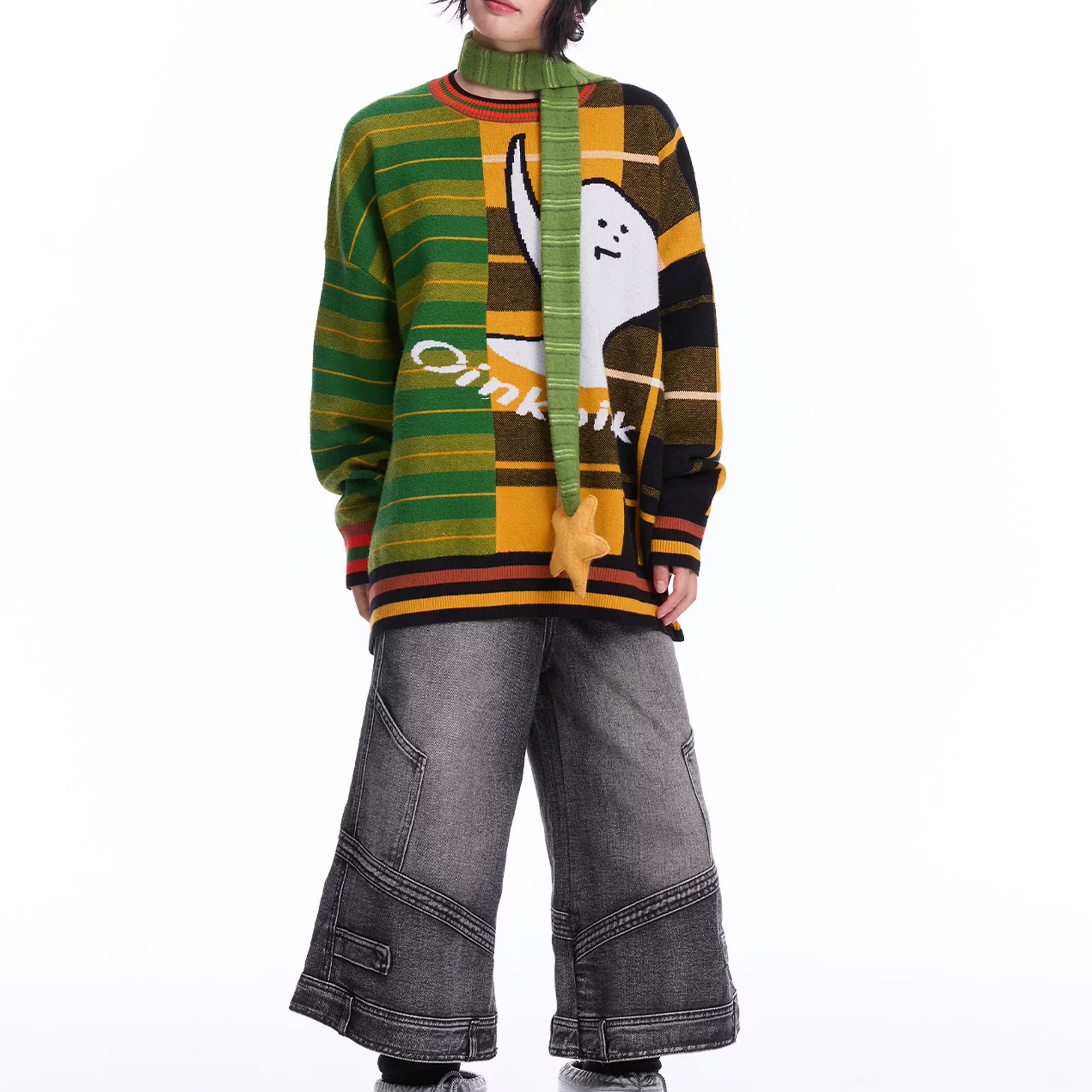 Ghost splice knit jumper - green & orange