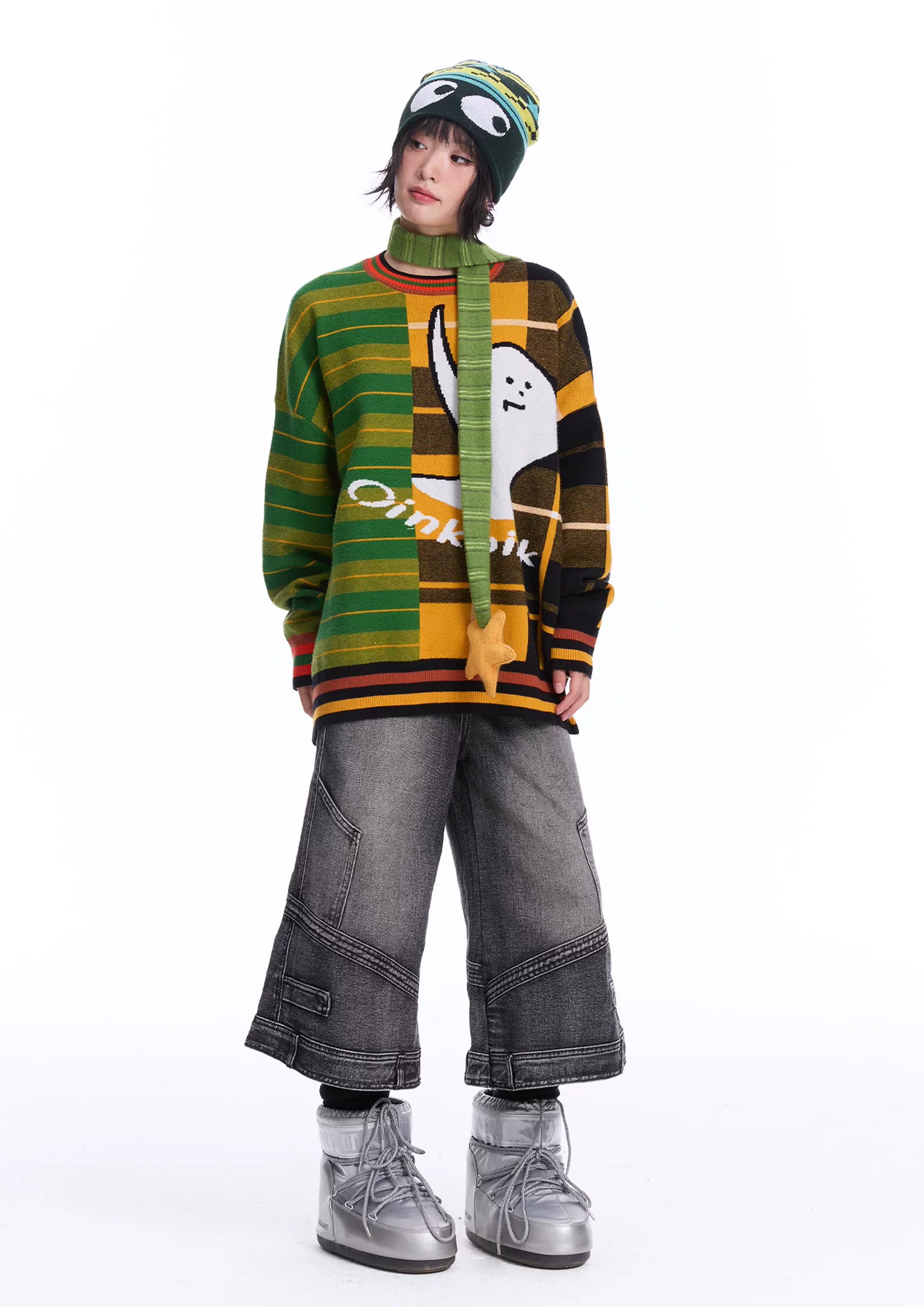 Ghost splice knit jumper - green & orange