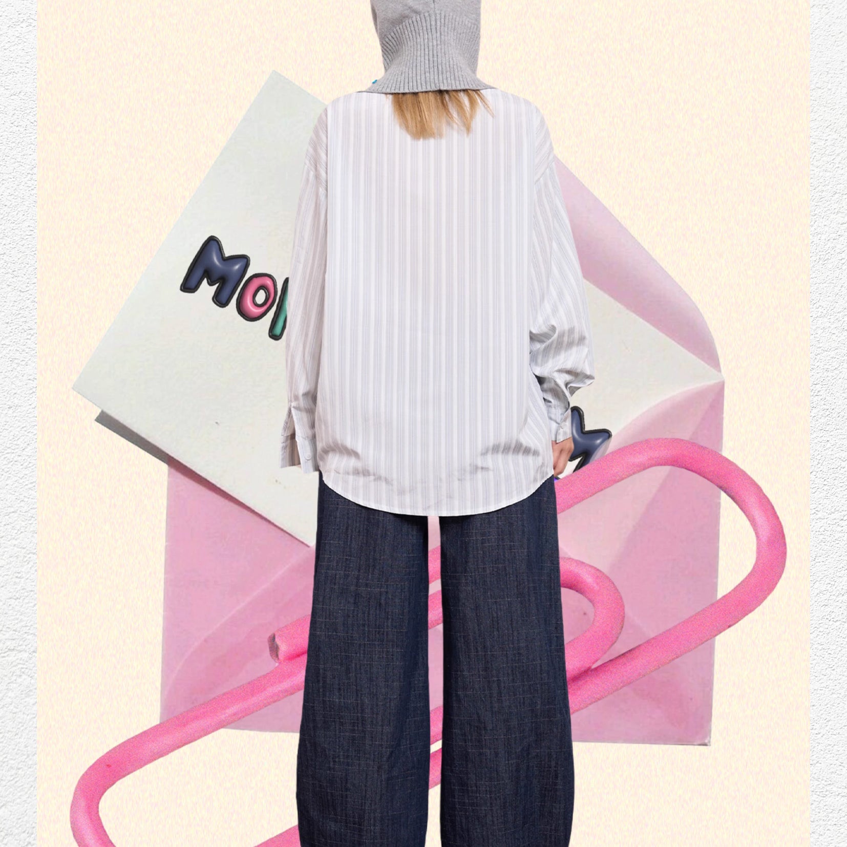 *SAMPLE* Illustration striped oversized shirt - light gray