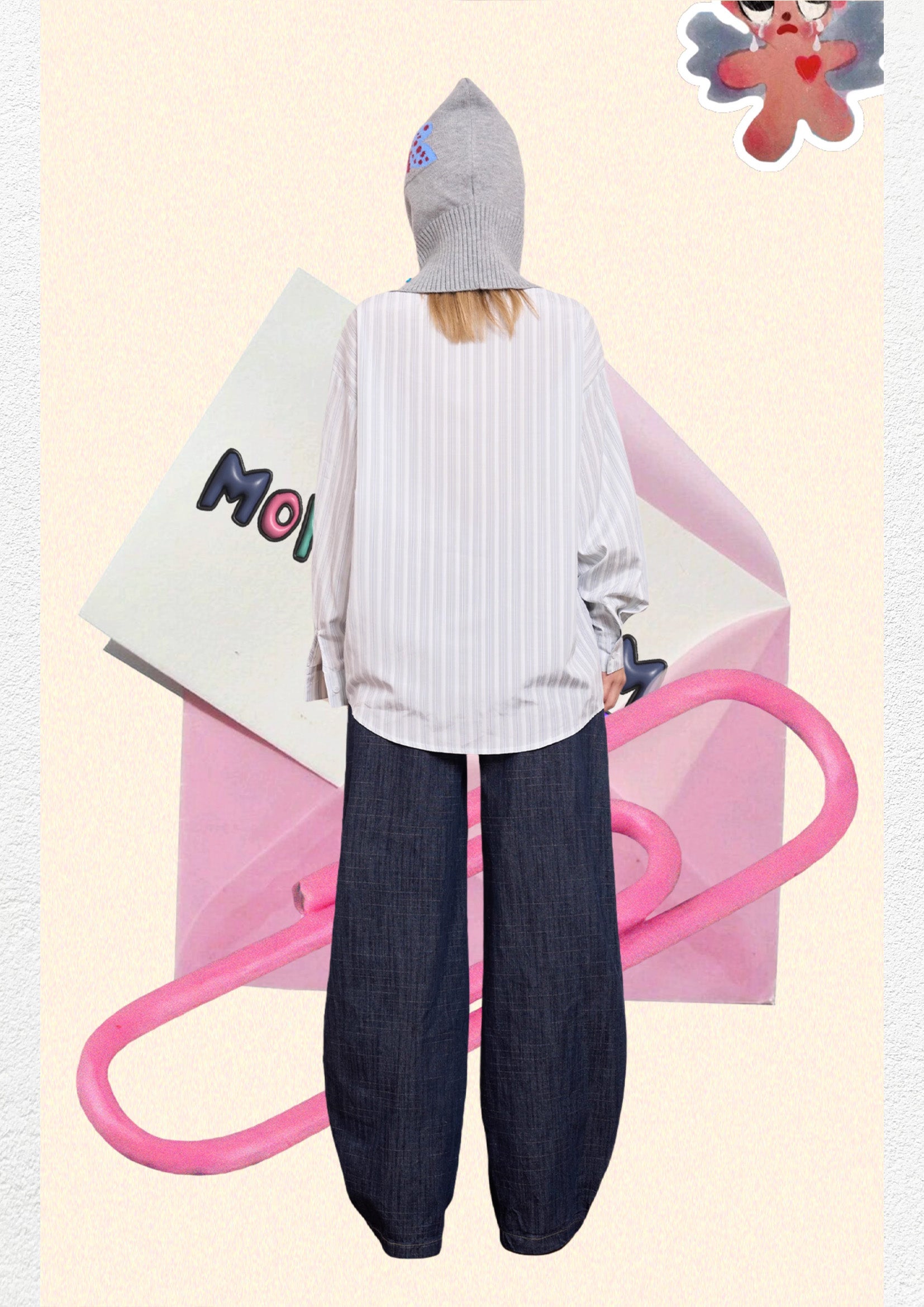 *SAMPLE* Illustration striped oversized shirt - light gray