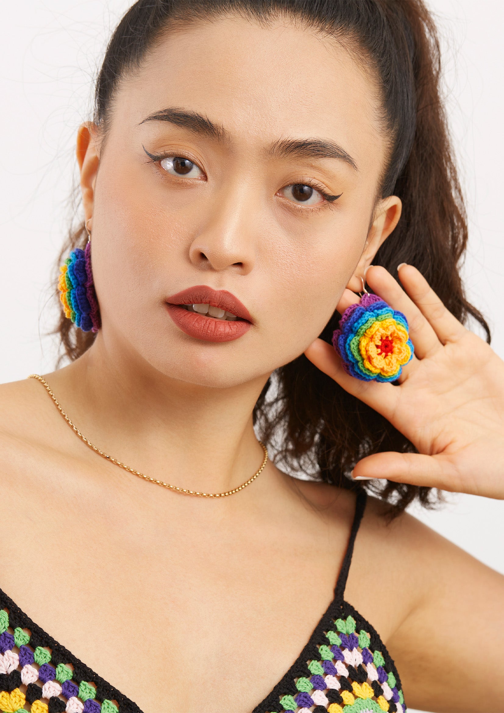 Rainbow flower crochet earrings