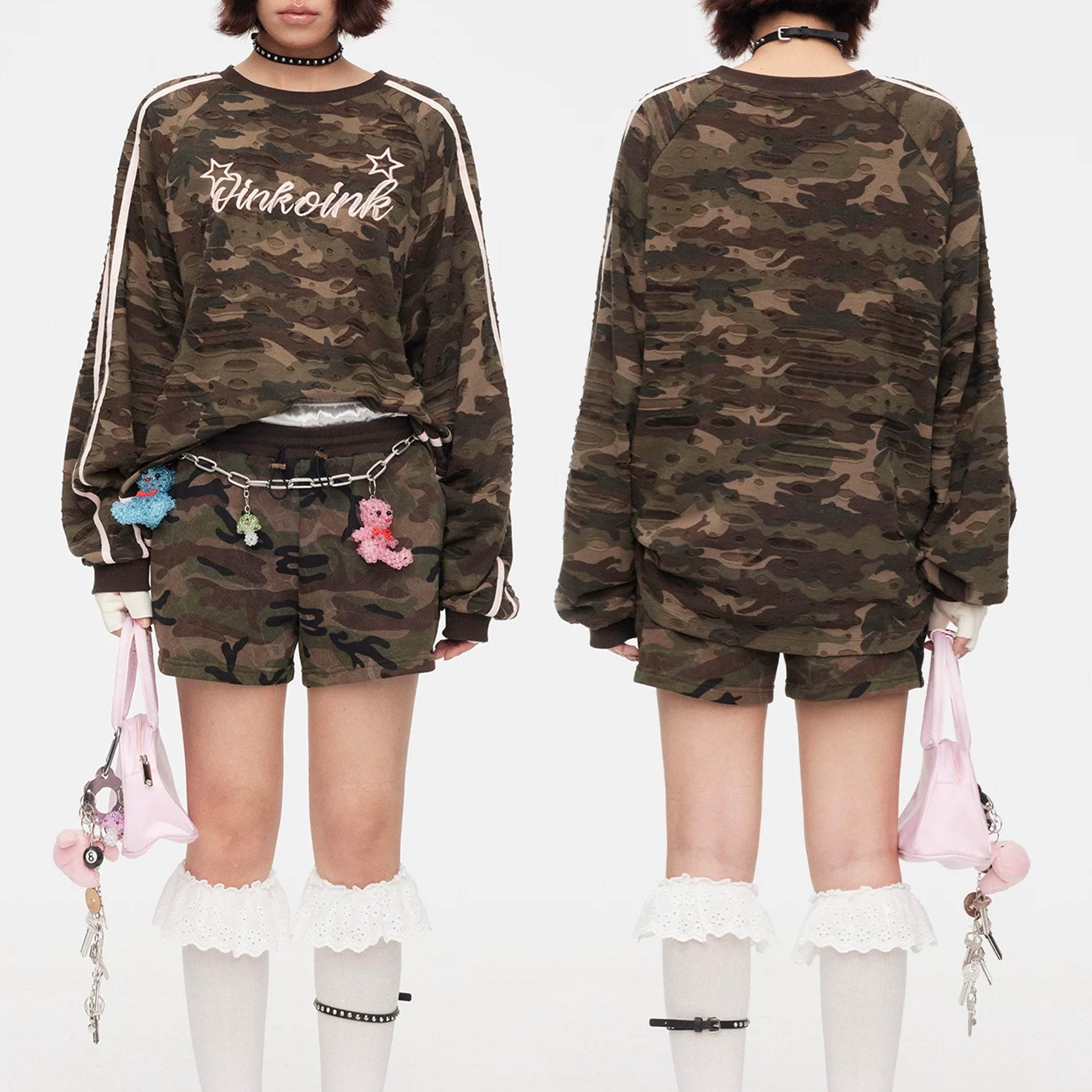 Camouflage distressed baseball jumper - army green