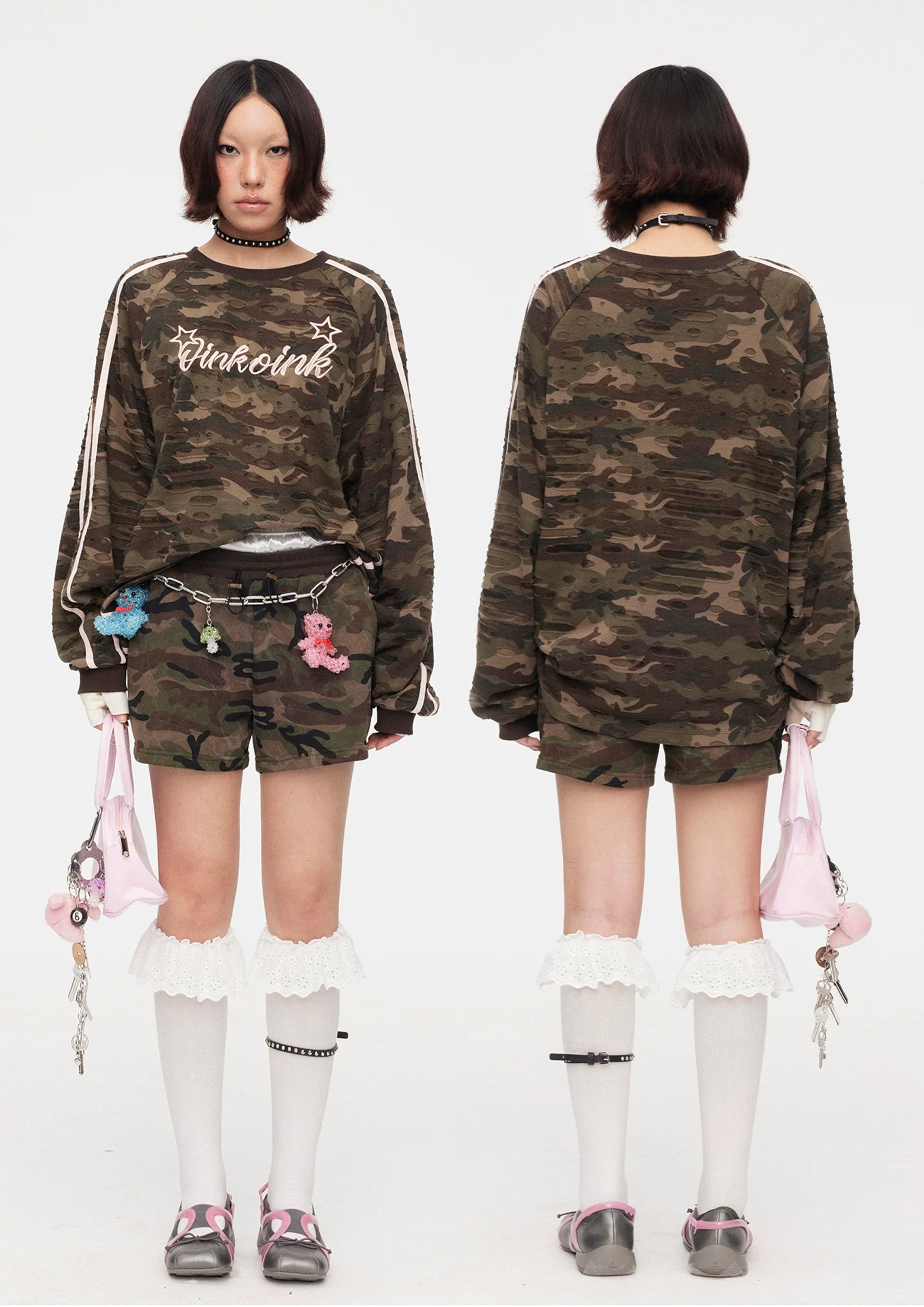 Camouflage distressed baseball jumper - army green