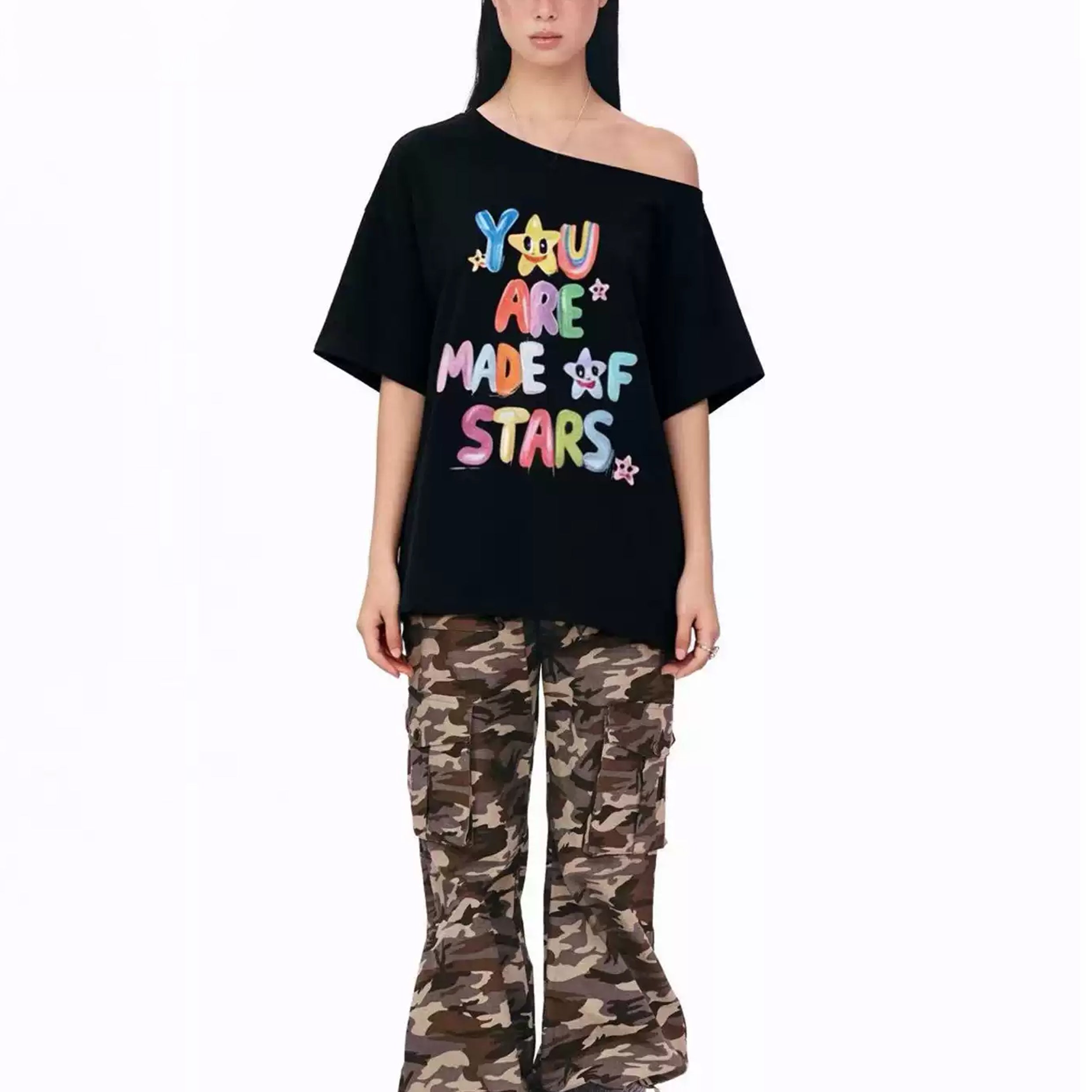 Typography one-shoulder oversized tee - black