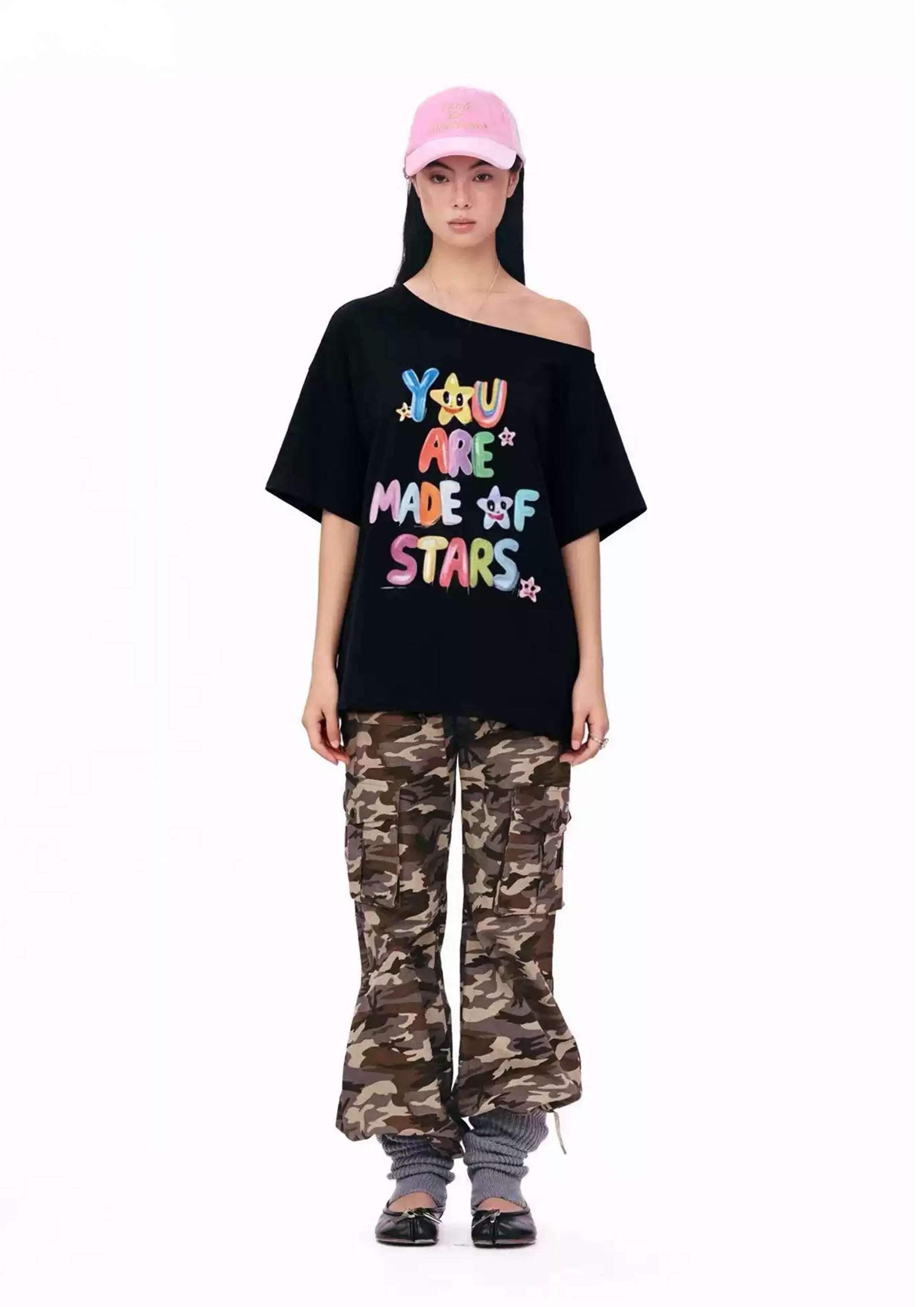 Typography one-shoulder oversized tee - black