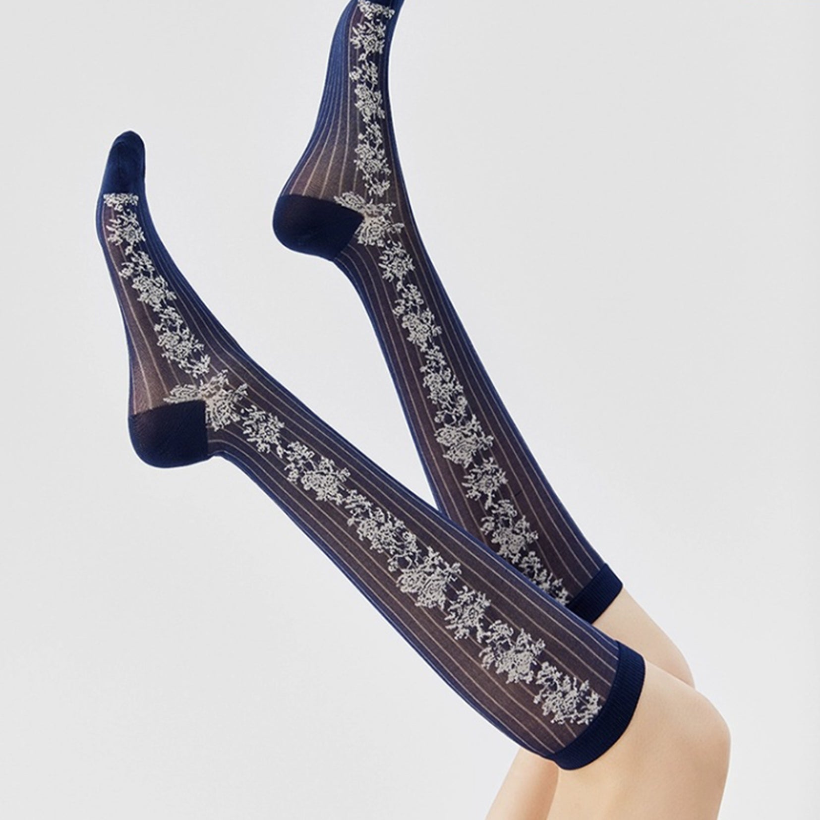 Floral jacquard sheer over-the-calf sock - navy