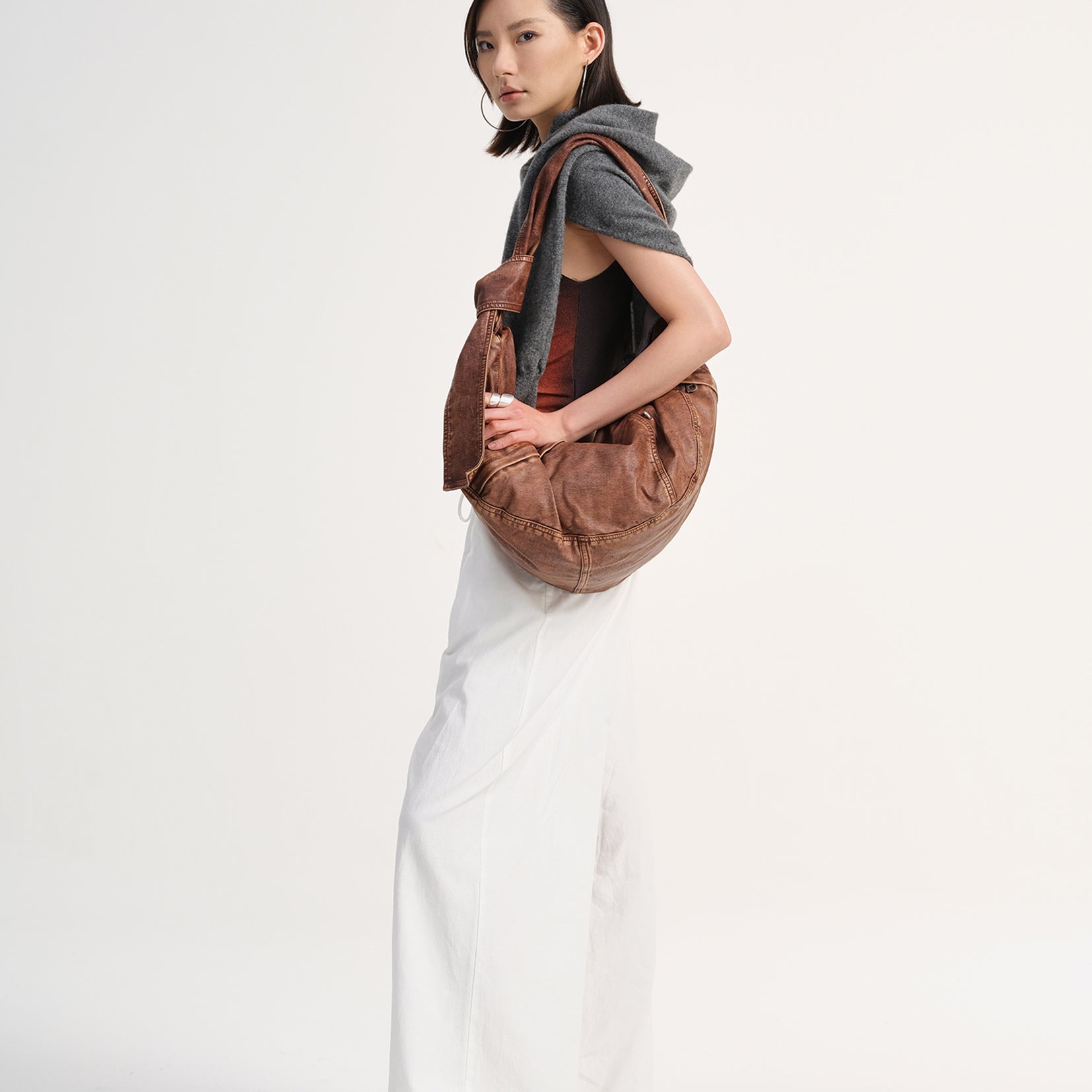 Vegan leather large dumpling bag - distressed rusty red