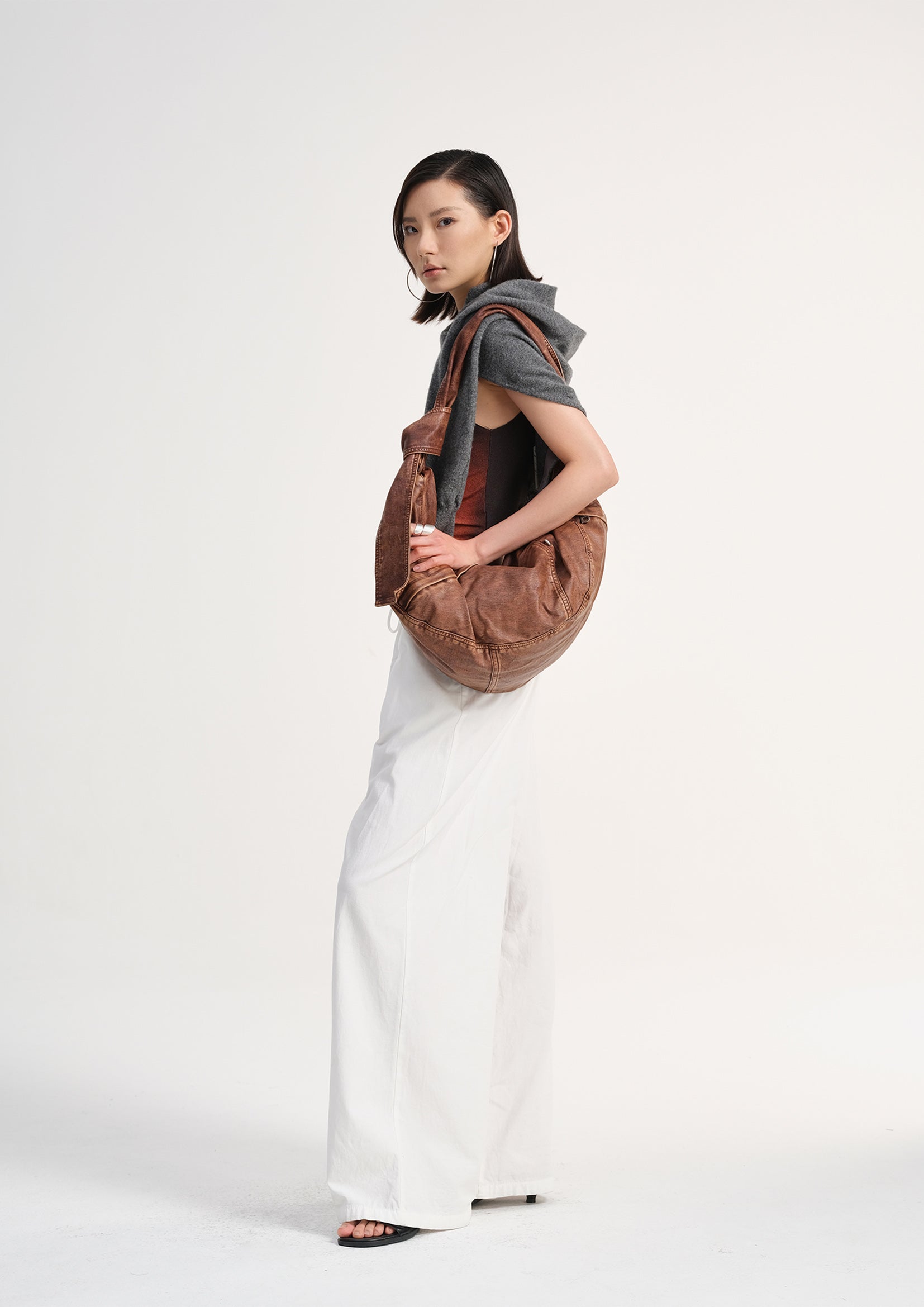 Vegan leather large dumpling bag - distressed rusty red