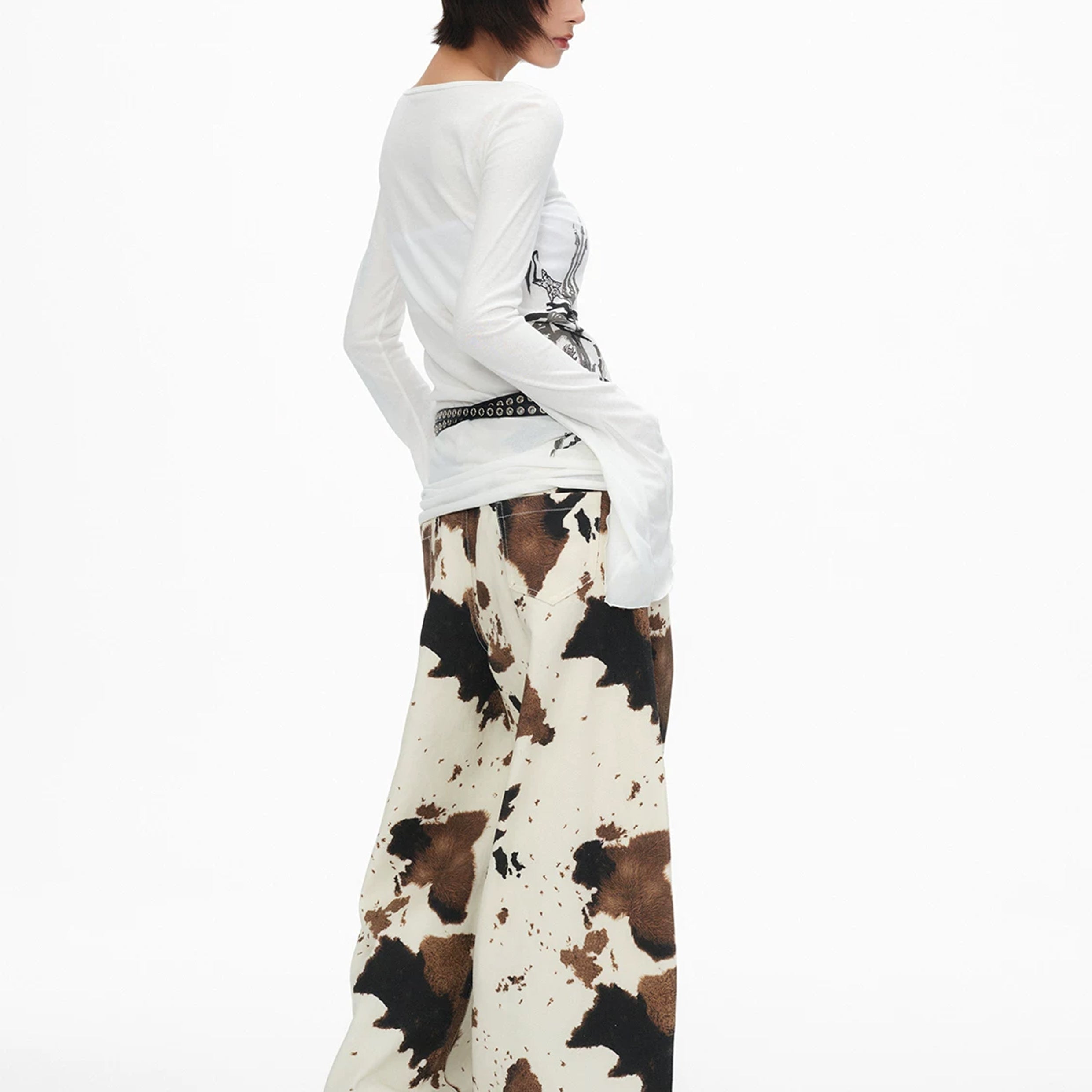 Cow print baggy barrel pants - beige