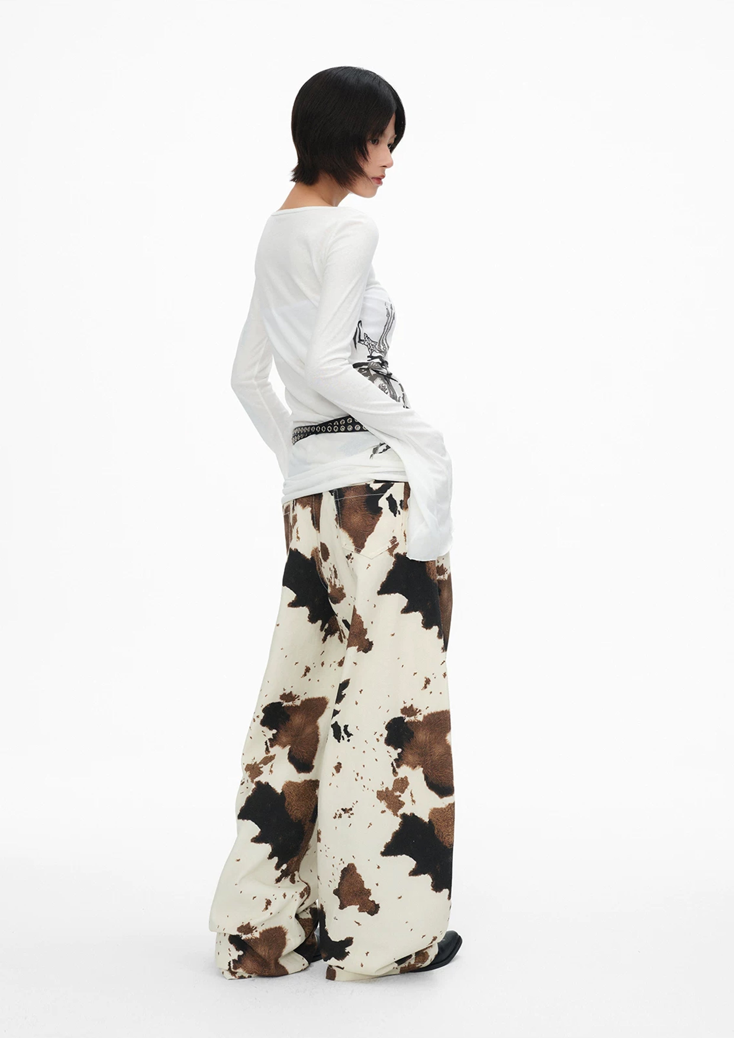 Cow print baggy barrel pants - beige