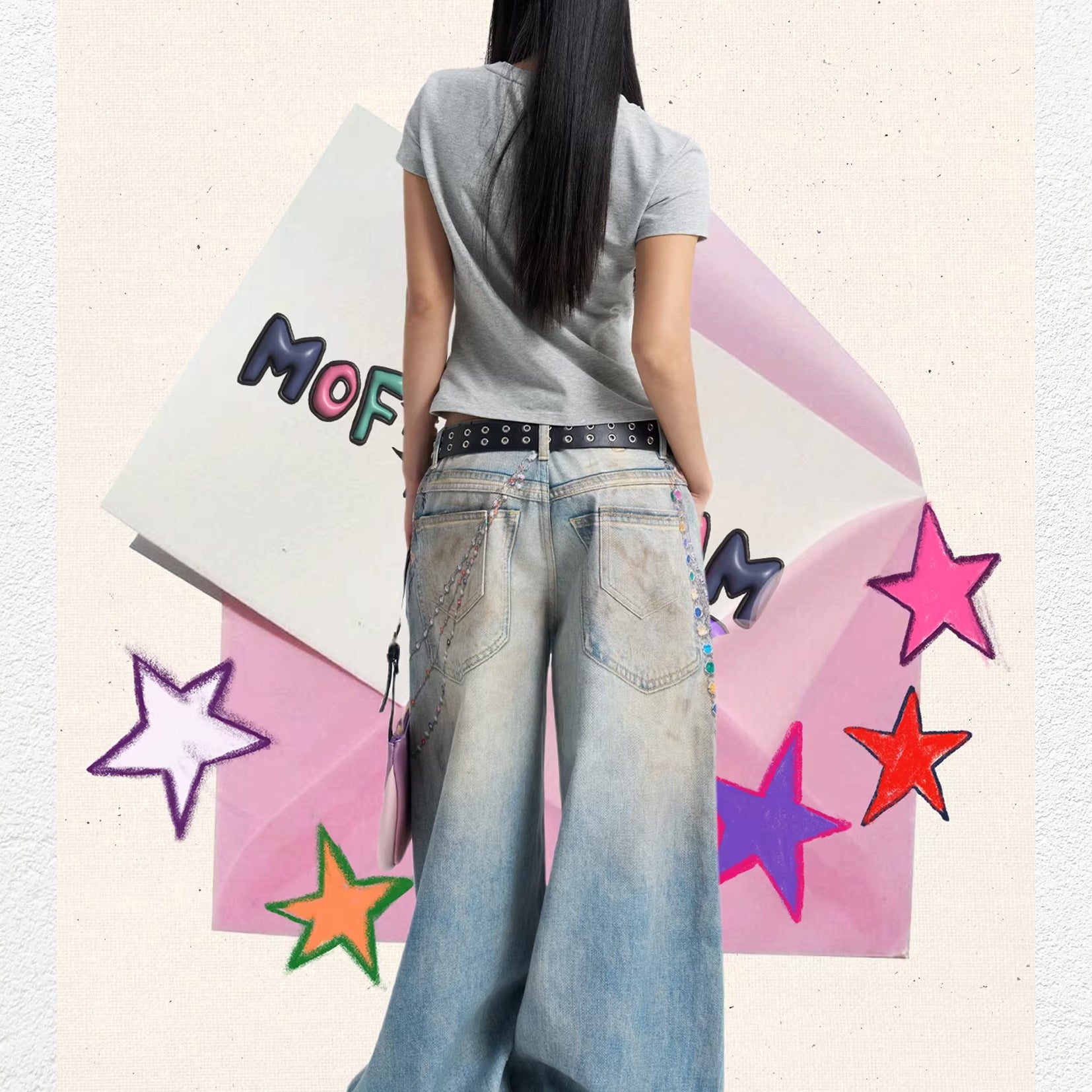 Love bear print baggy barrel jeans - dusty washed blue