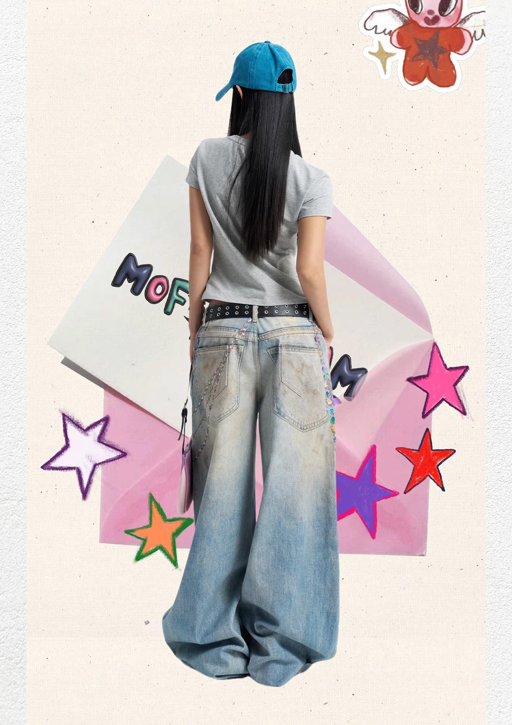 Love bear print baggy barrel jeans - dusty washed blue