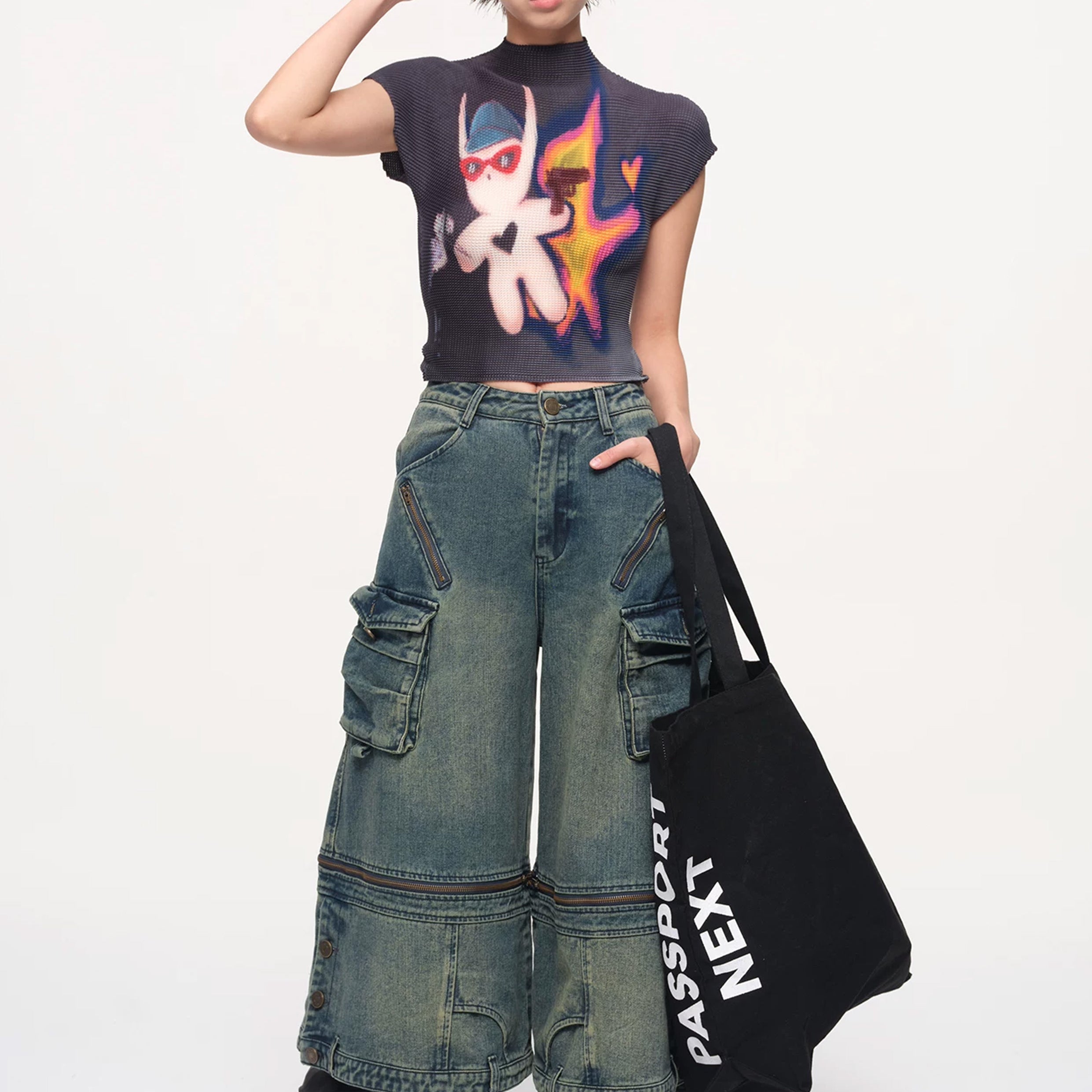 Detachable wide leg denim shorts - vintage washed blue
