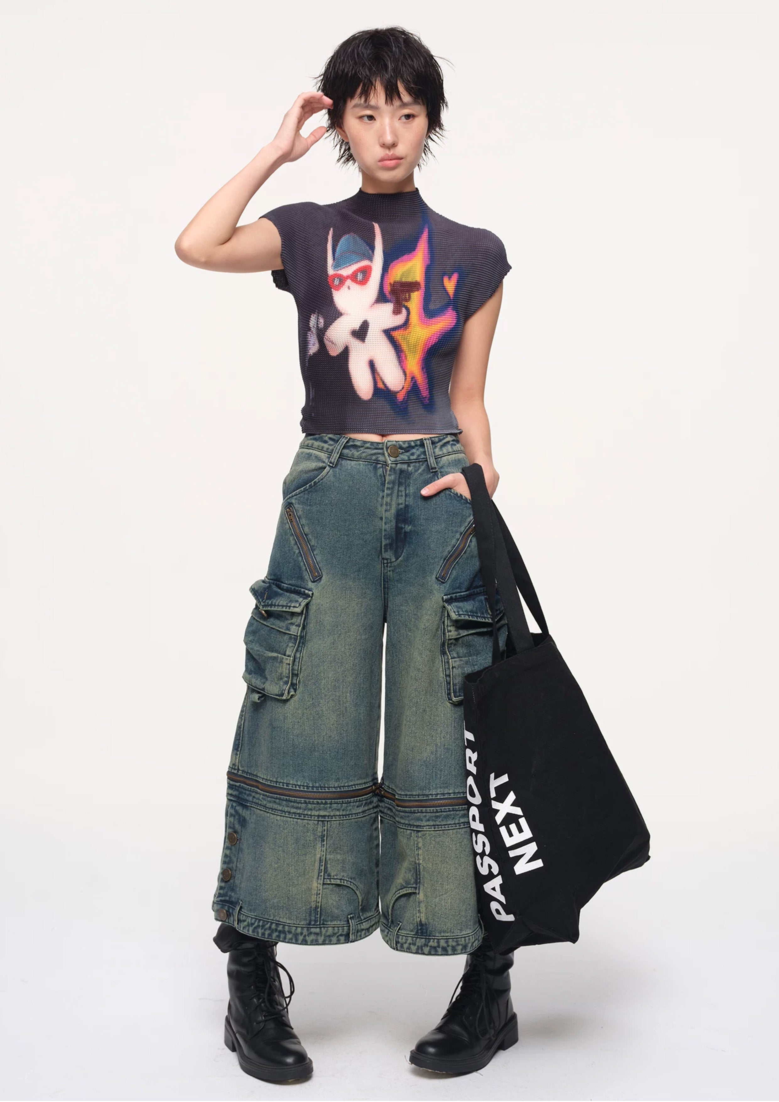 Detachable wide leg denim shorts - vintage washed blue
