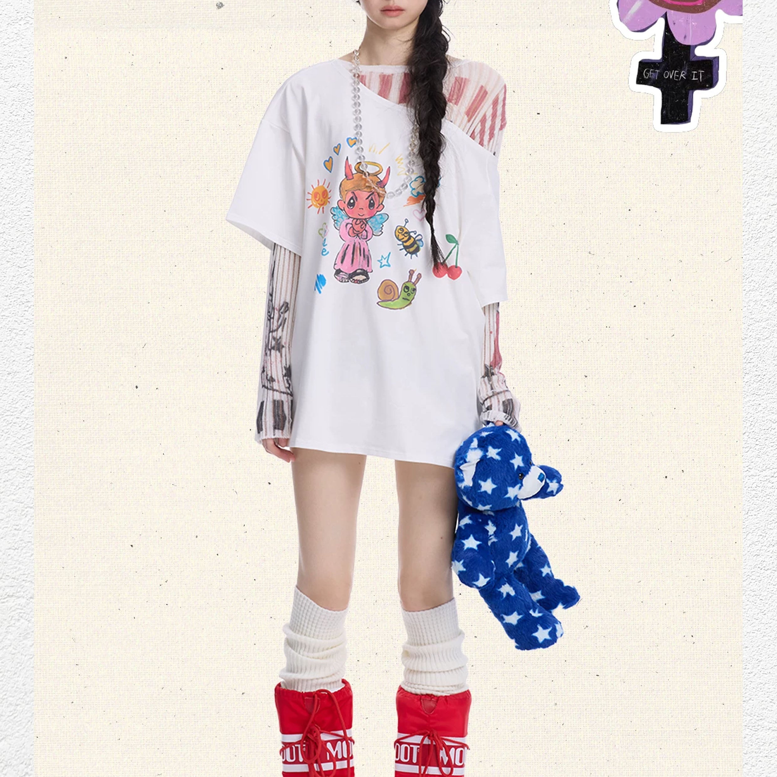 Illustration one-shoulder oversized tee - white