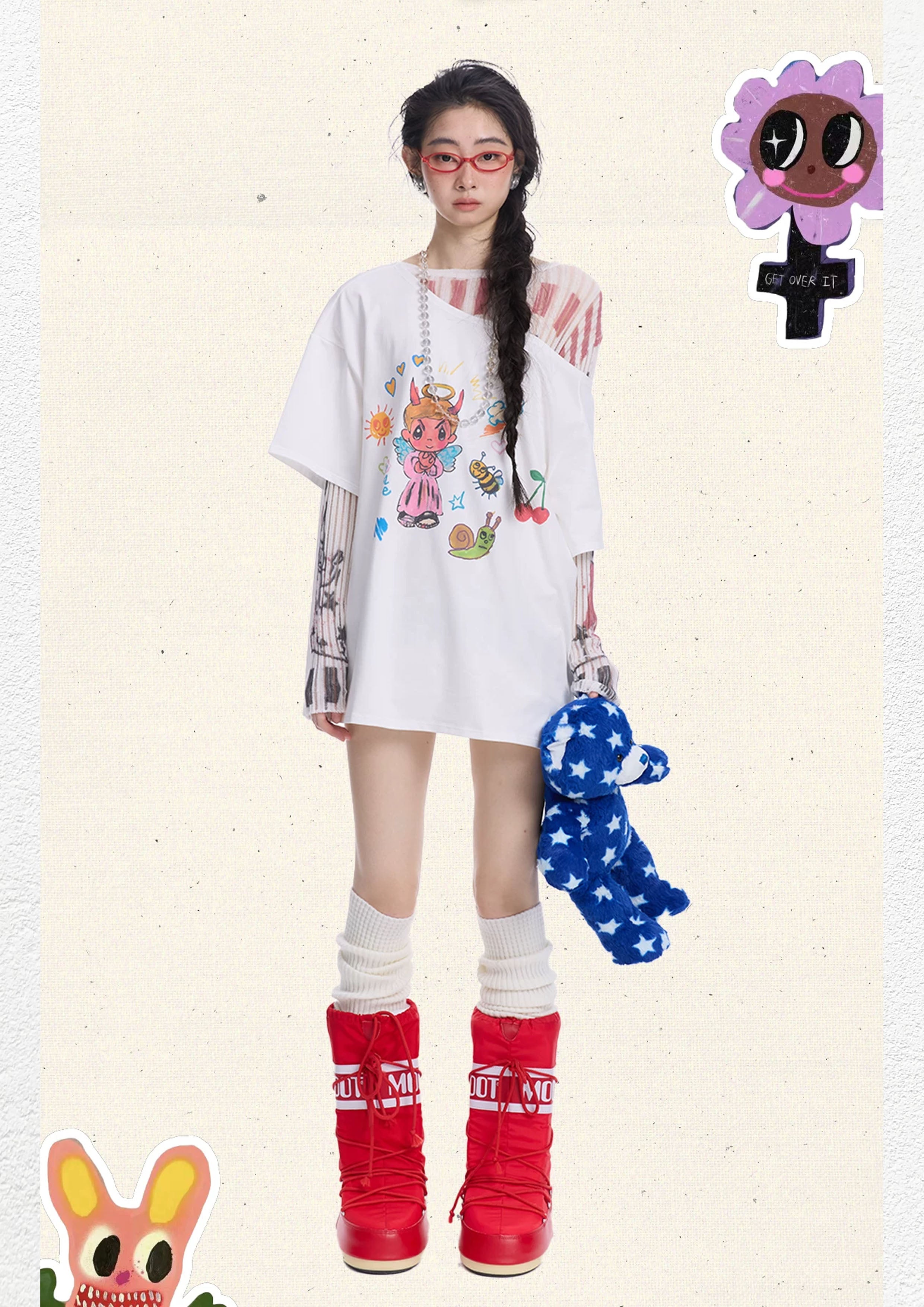 Illustration one-shoulder oversized tee - white