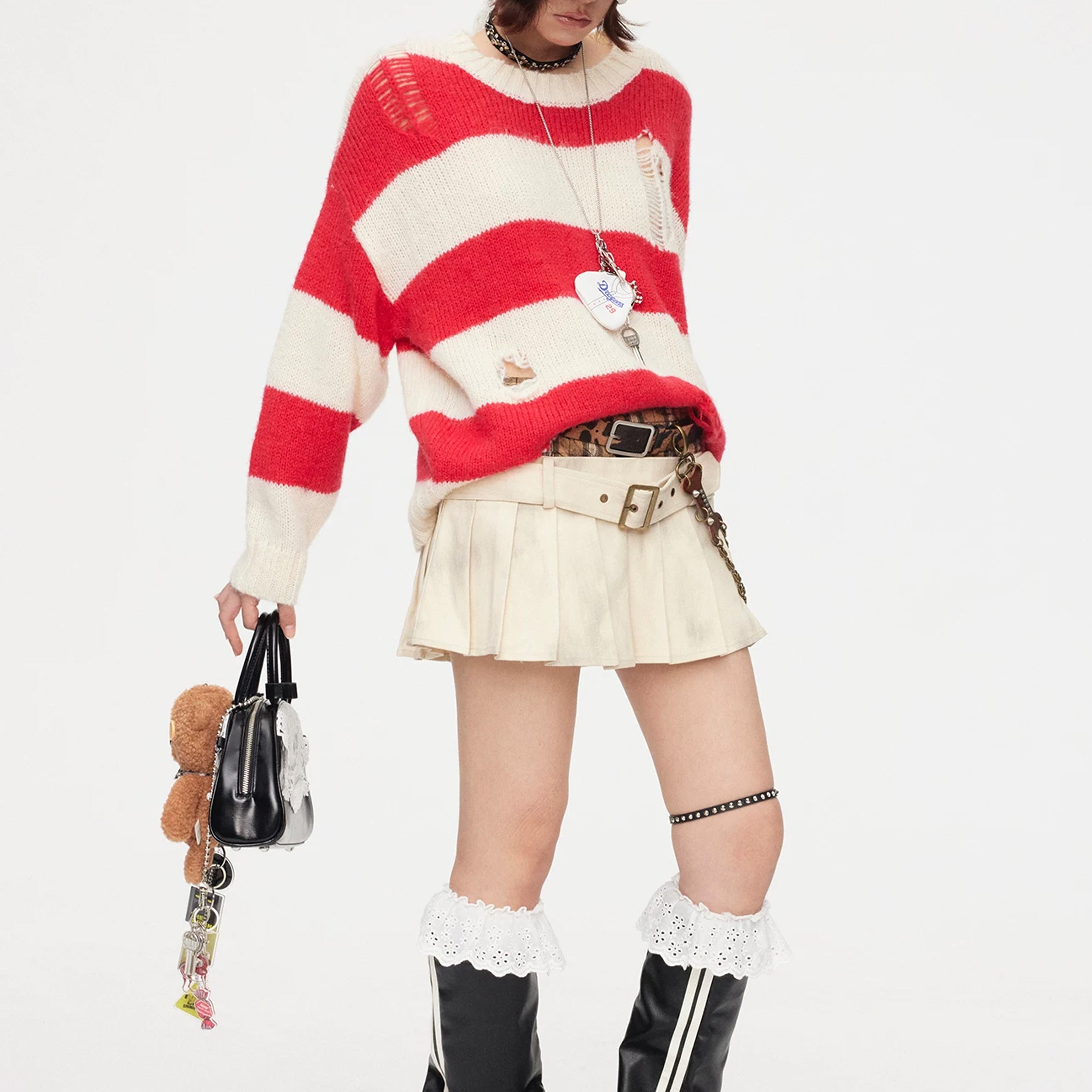 Striped distressed knit jumper - red & white