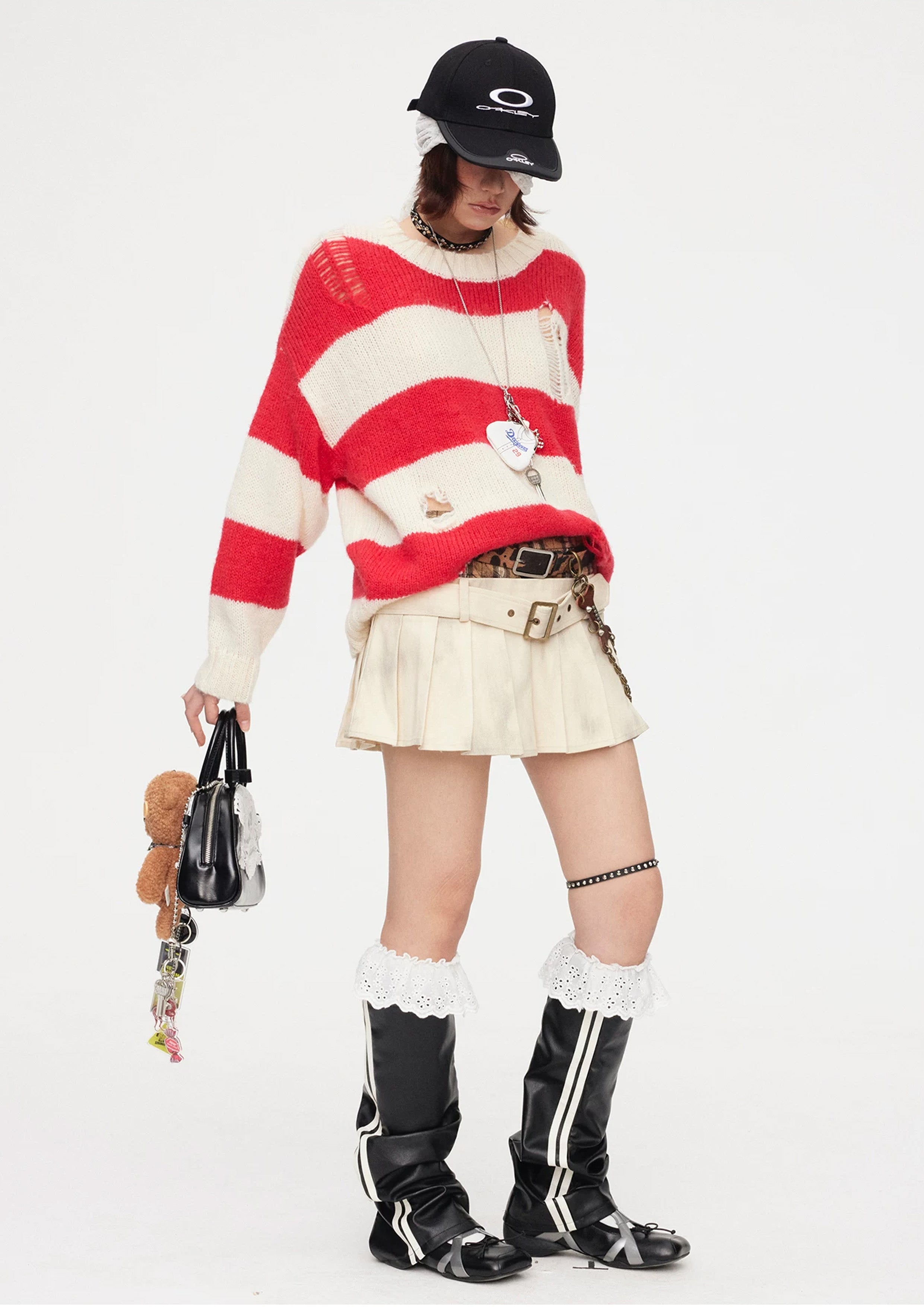 Striped distressed knit jumper - red & white