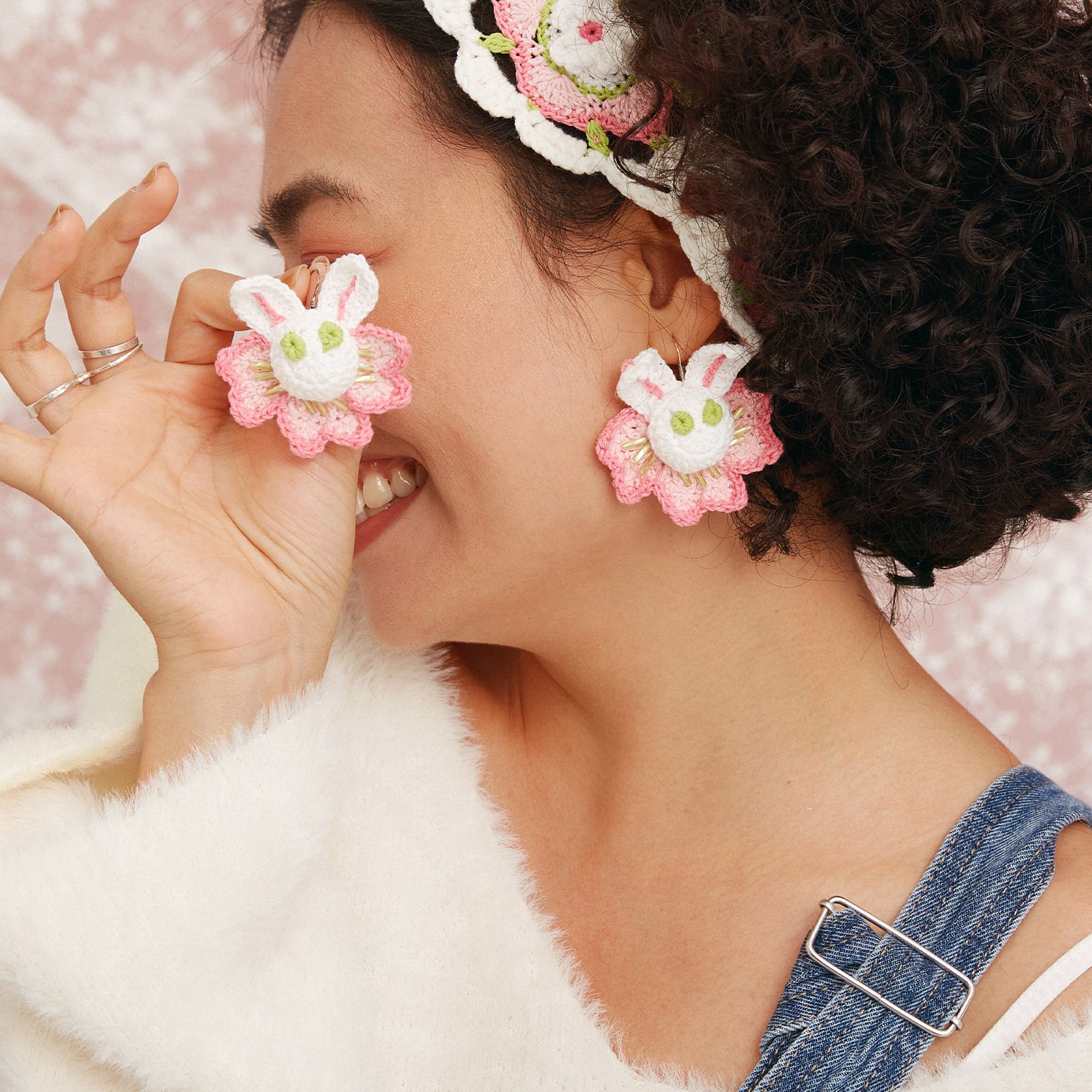 Cherry blossom bunny crochet earrings - pink