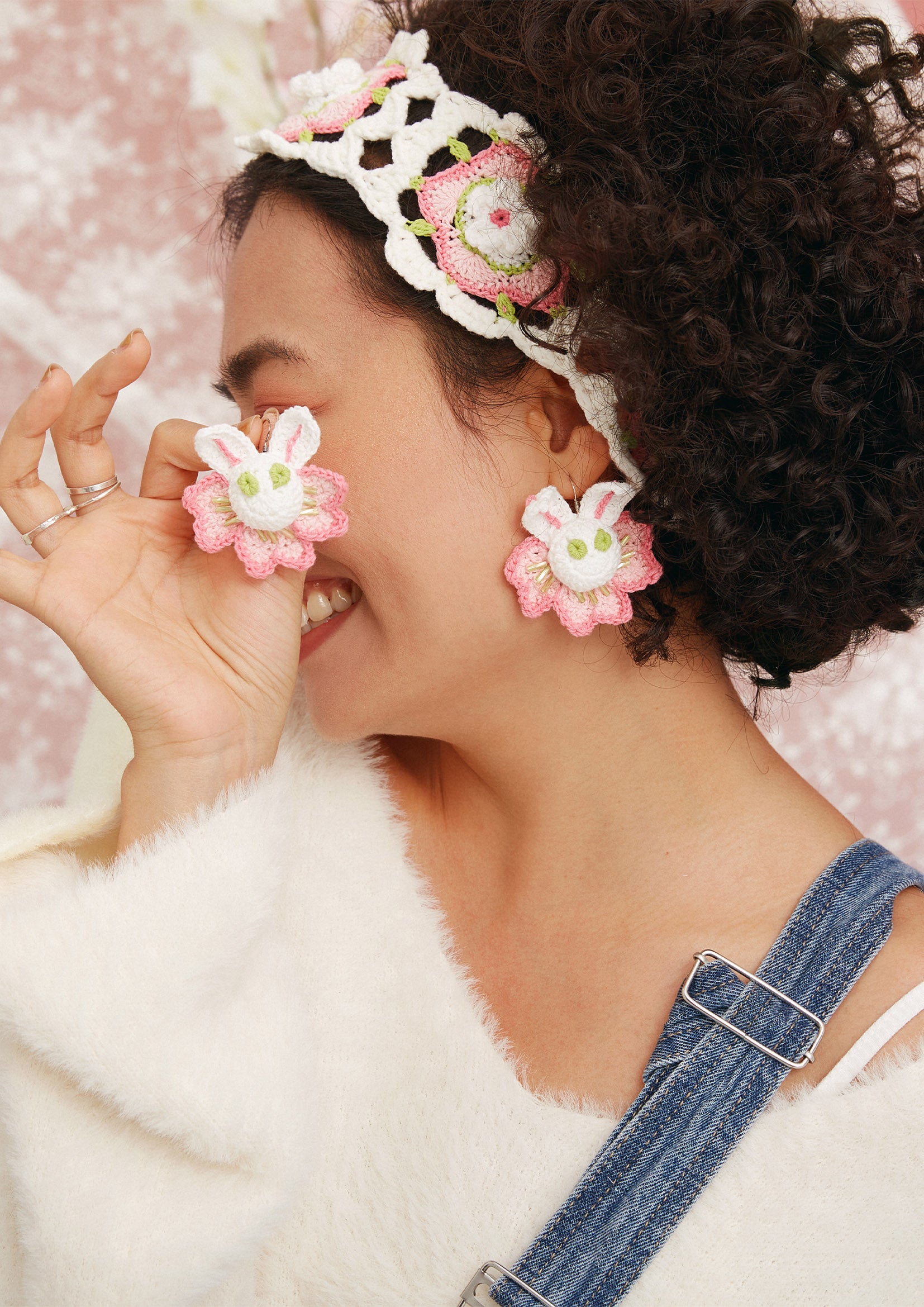 Cherry blossom bunny crochet earrings - pink