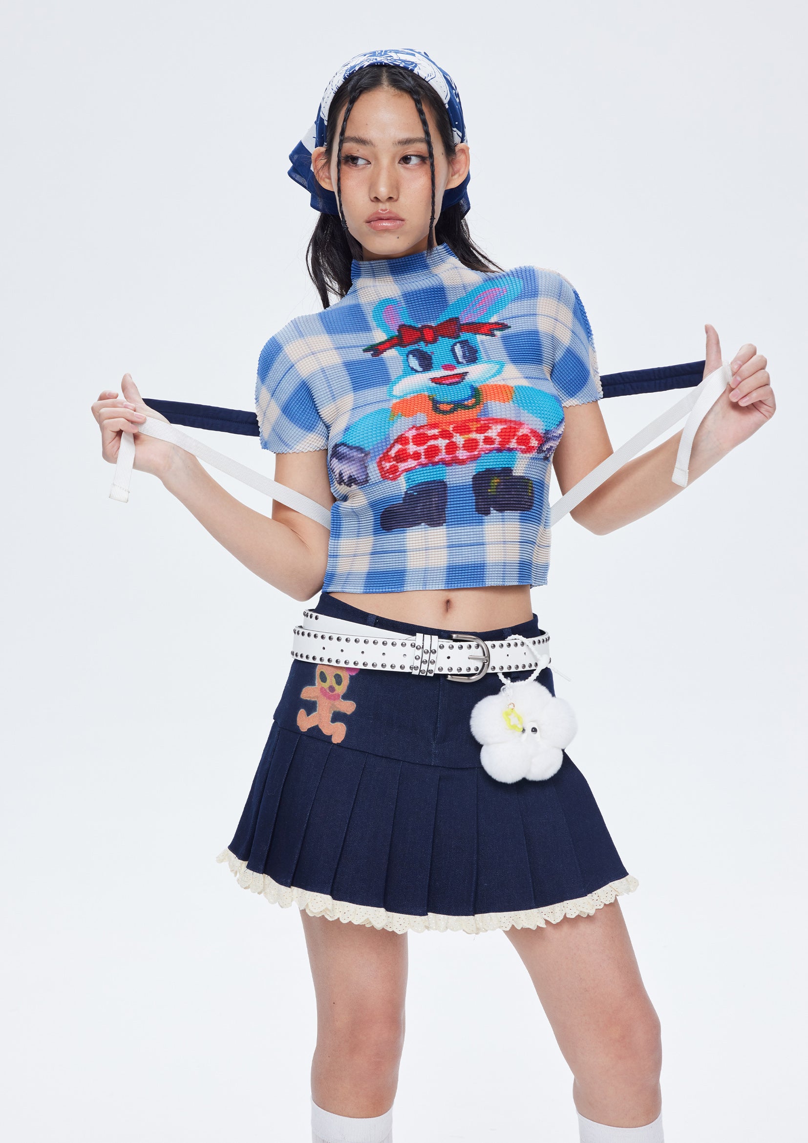 Blue bunny crinkle stretch crop tee - blue plaid – Future Fusion Online