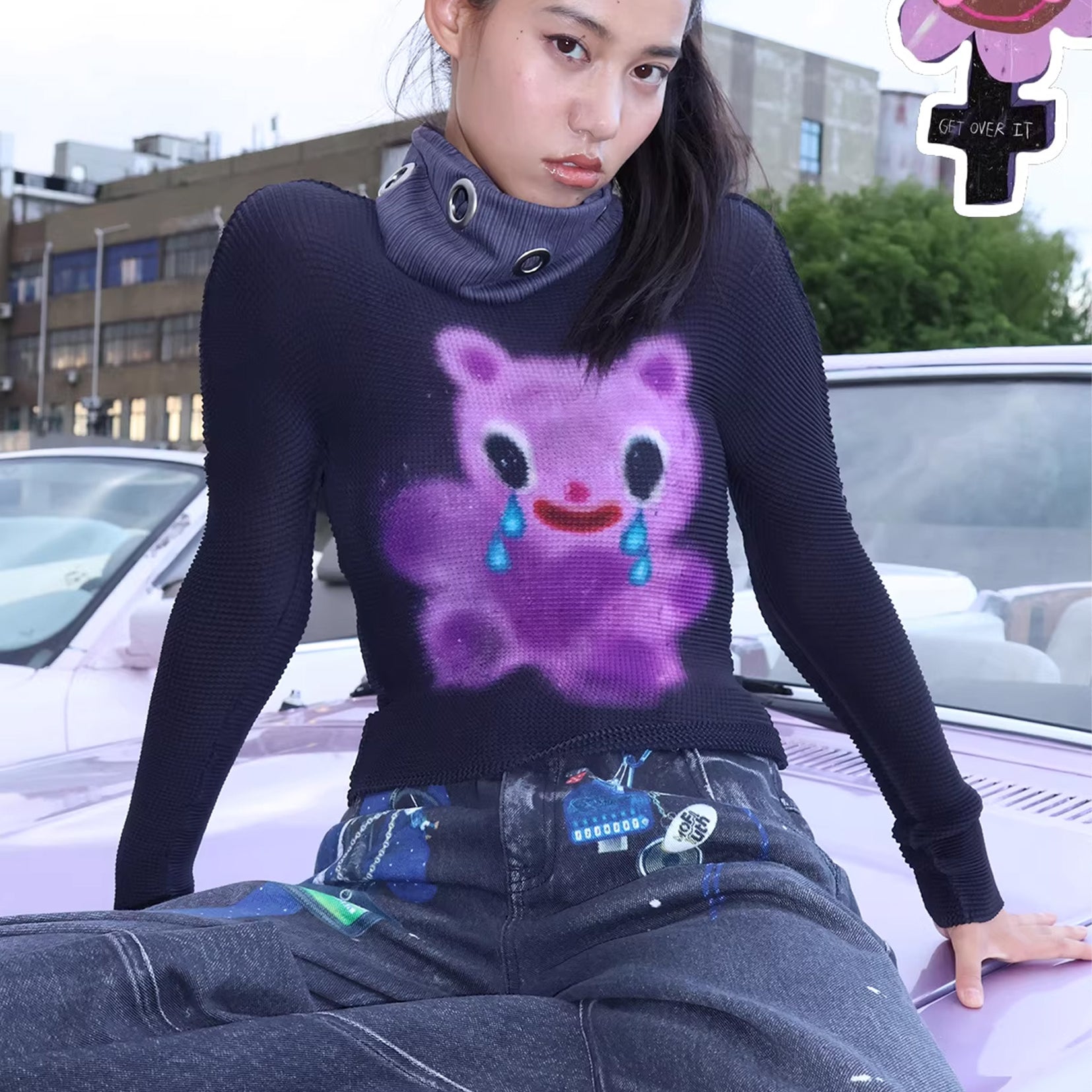 Purple bear crinkle stretch tee - black