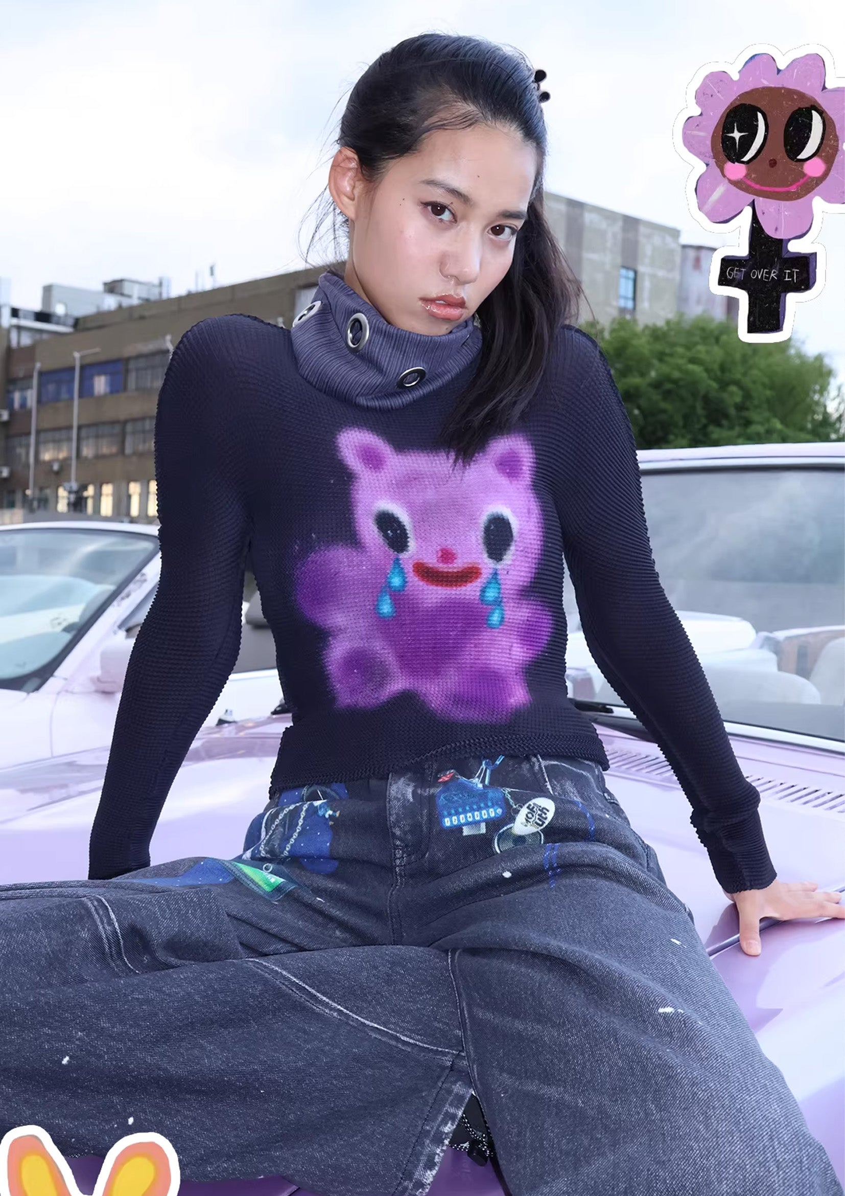 Purple bear crinkle stretch tee - black