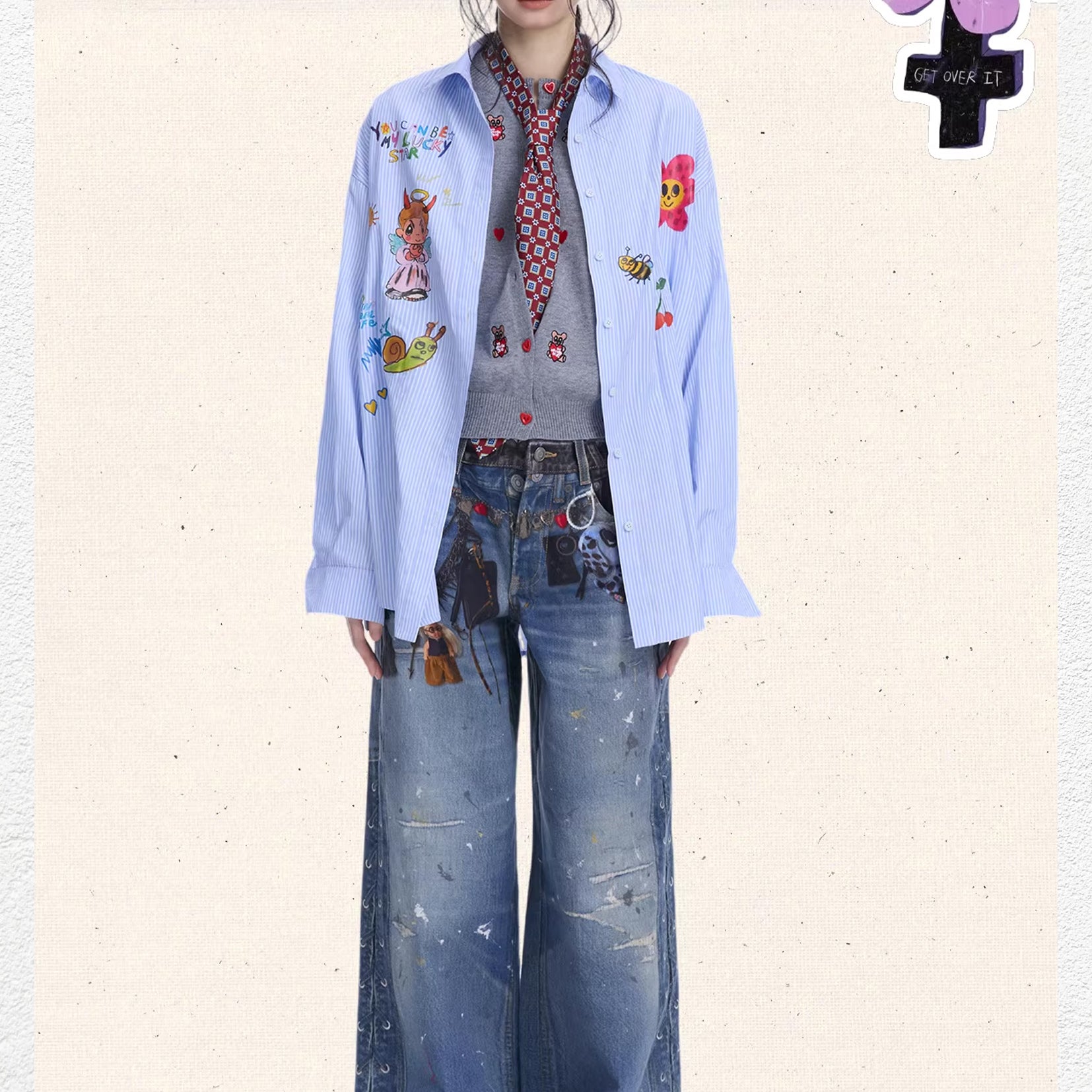 Illustration striped oversized shirt - light blue