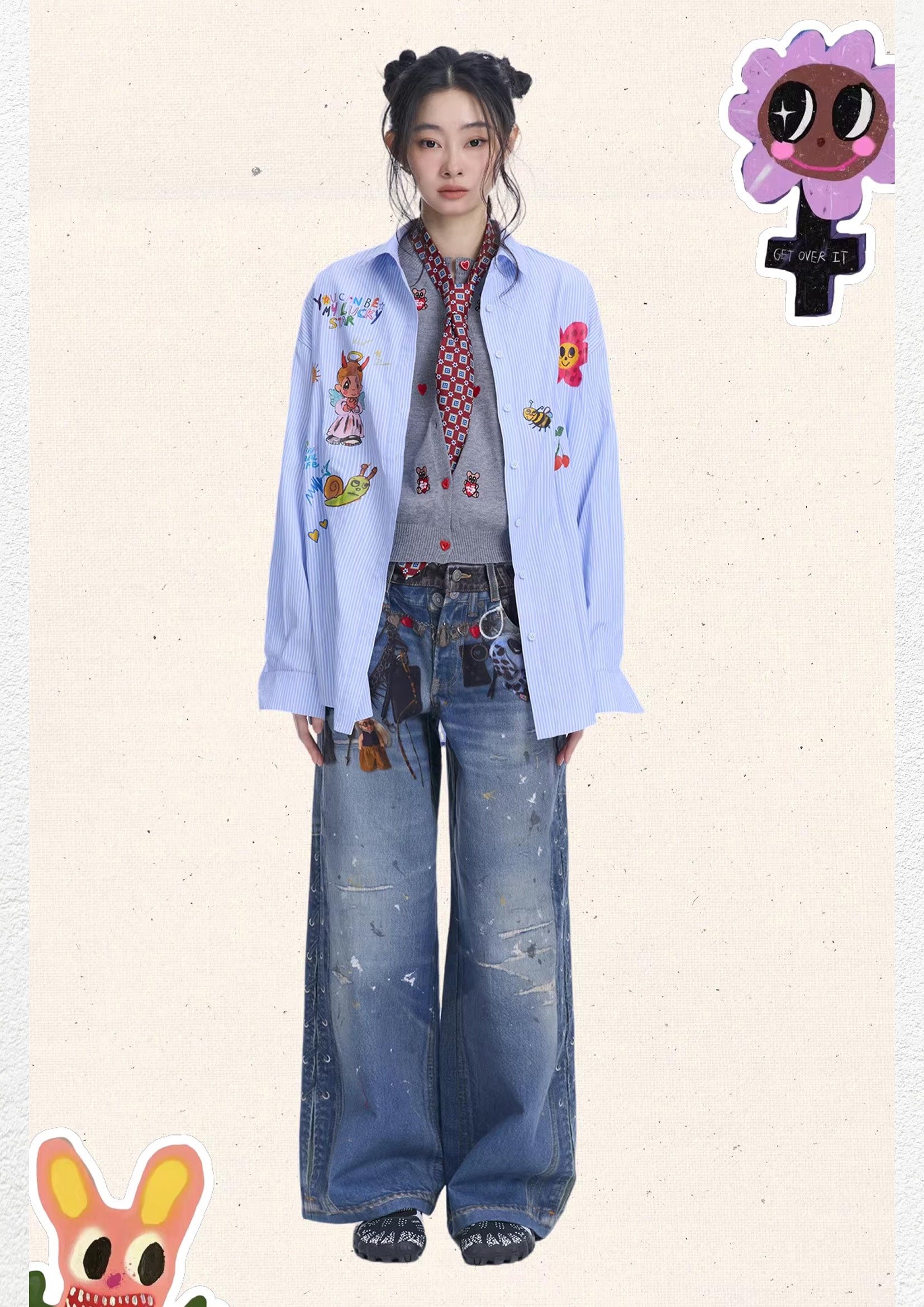 Illustration striped oversized shirt - light blue