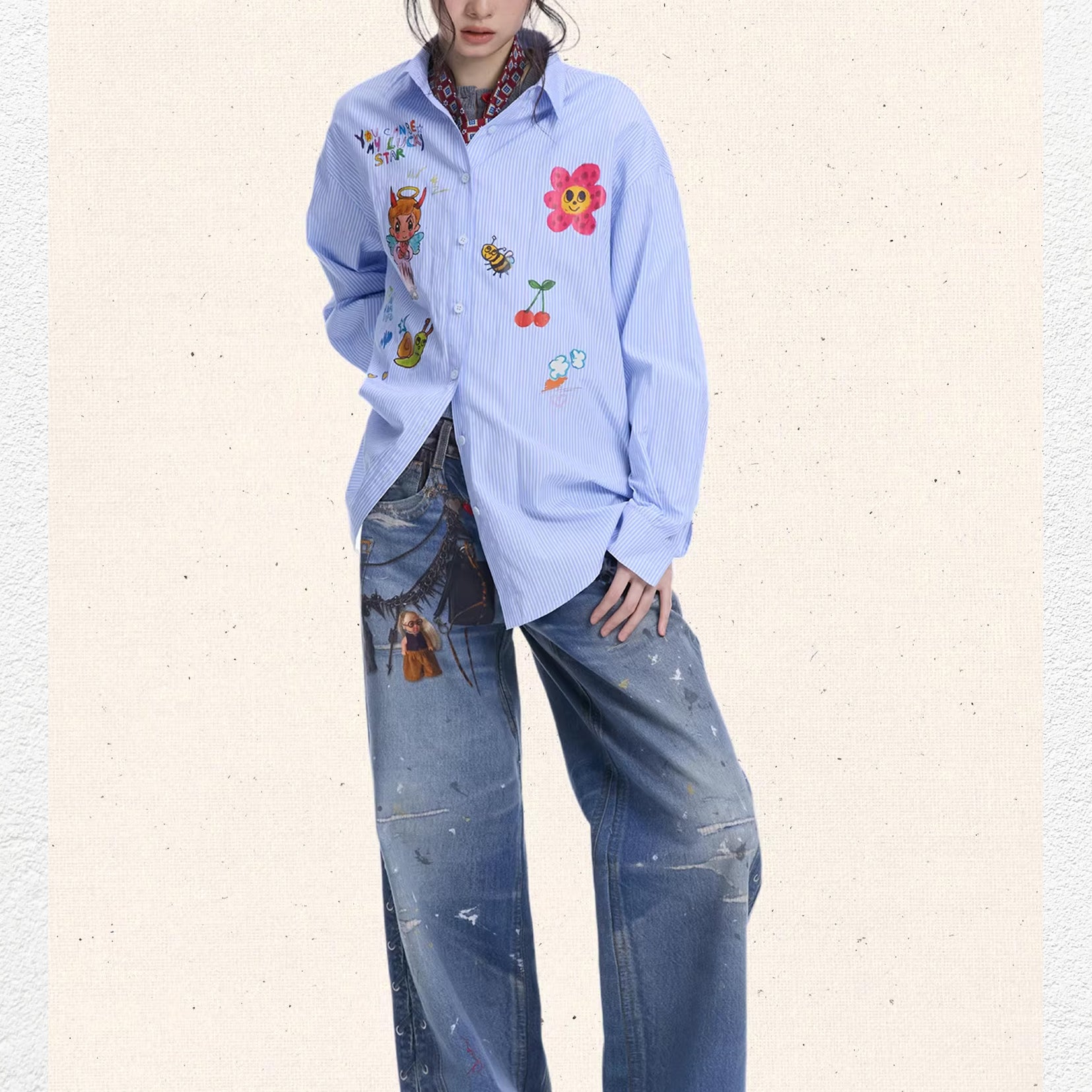 Illustration striped oversized shirt - light blue