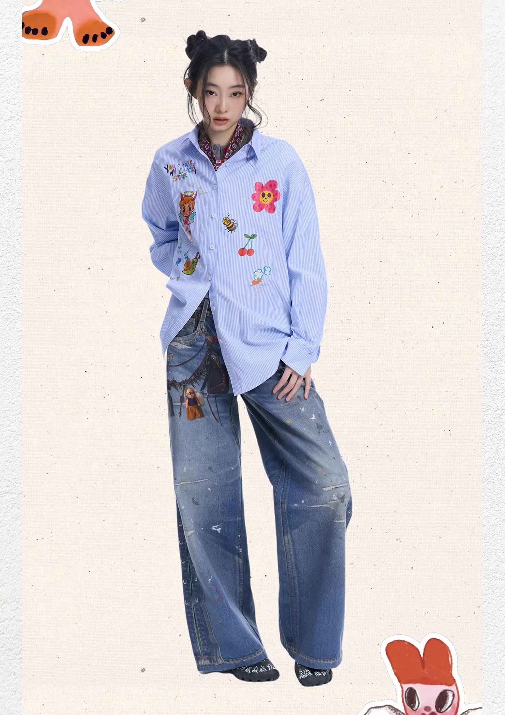 Illustration striped oversized shirt - light blue